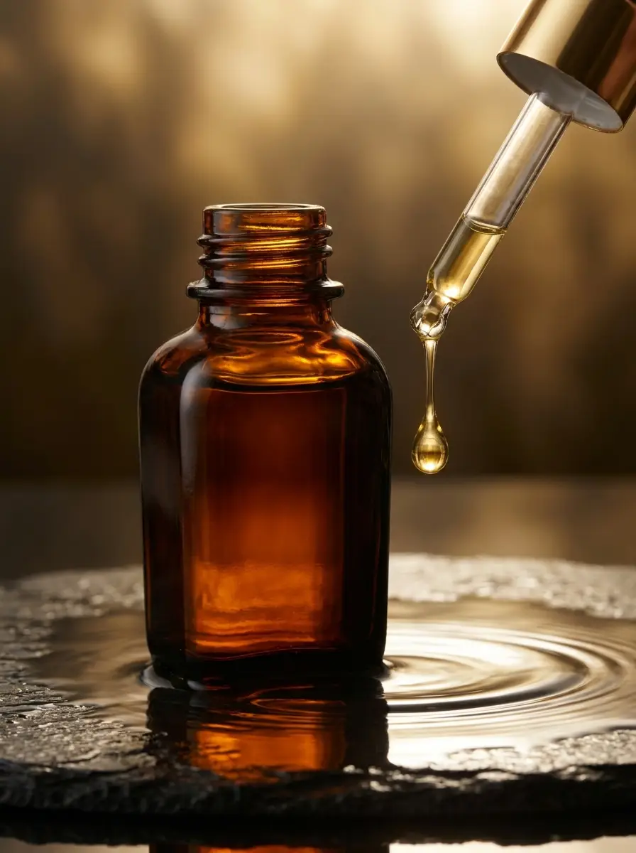 AI-Produktfotografie: Amber-Serumflasche mit Pipette und goldenem Tropfen auf nassem Stein