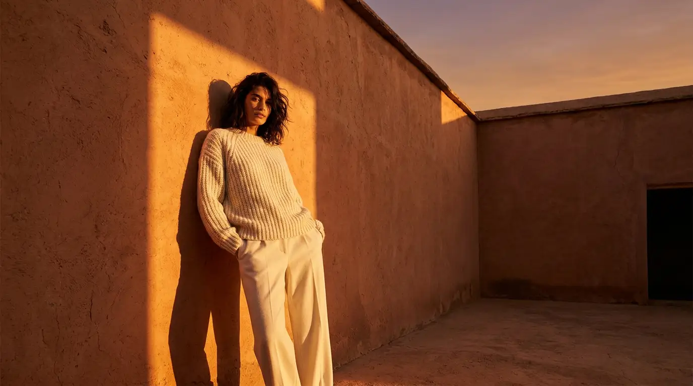 AI-Model: Fashion-Editorial an Terracotta-Wand im goldenen Abendlicht
