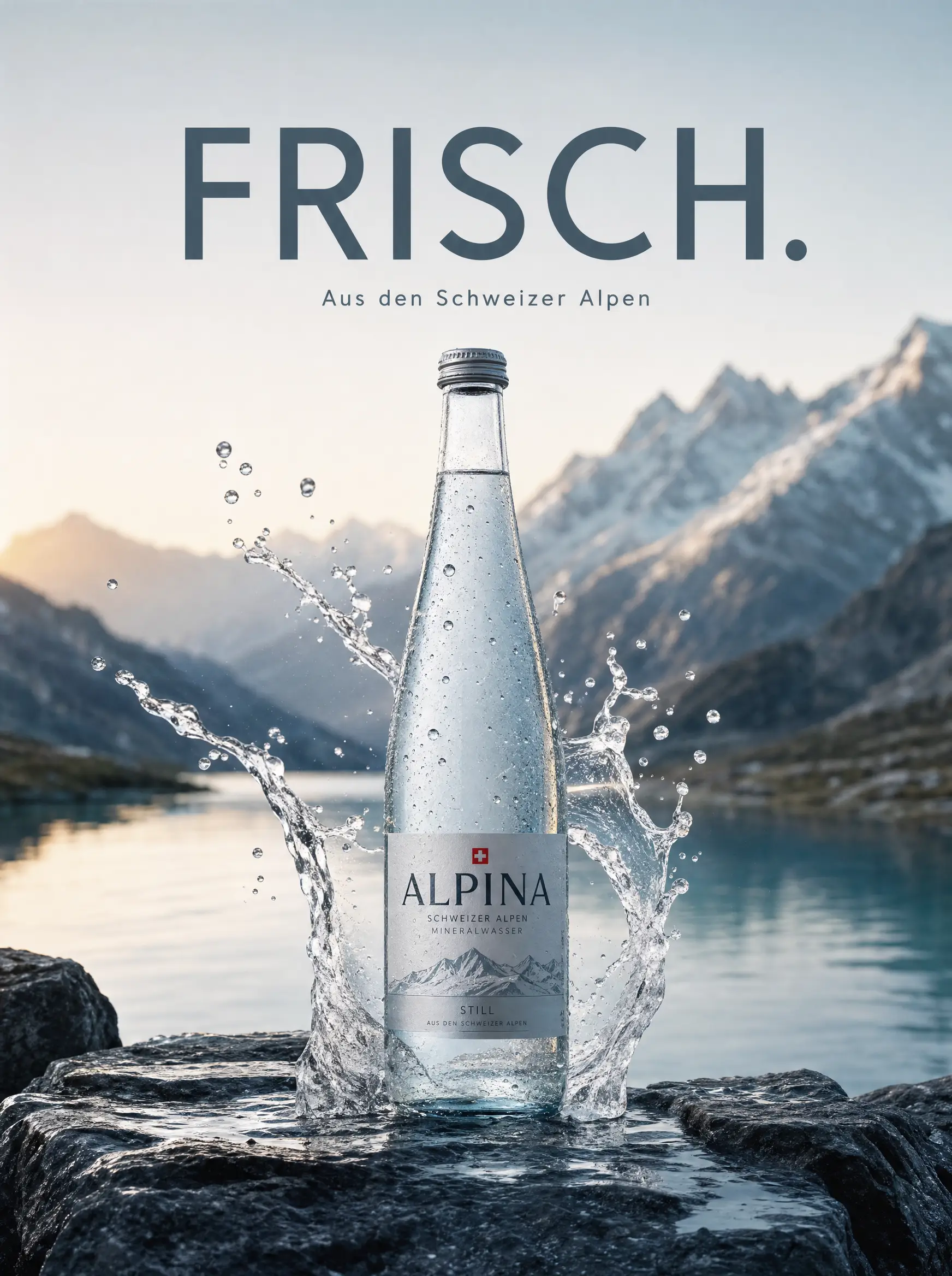 AI-Werbe-Visual: Alpen-Mineralwasser-Kampagne 'FRISCH.' mit Splash vor Bergsee