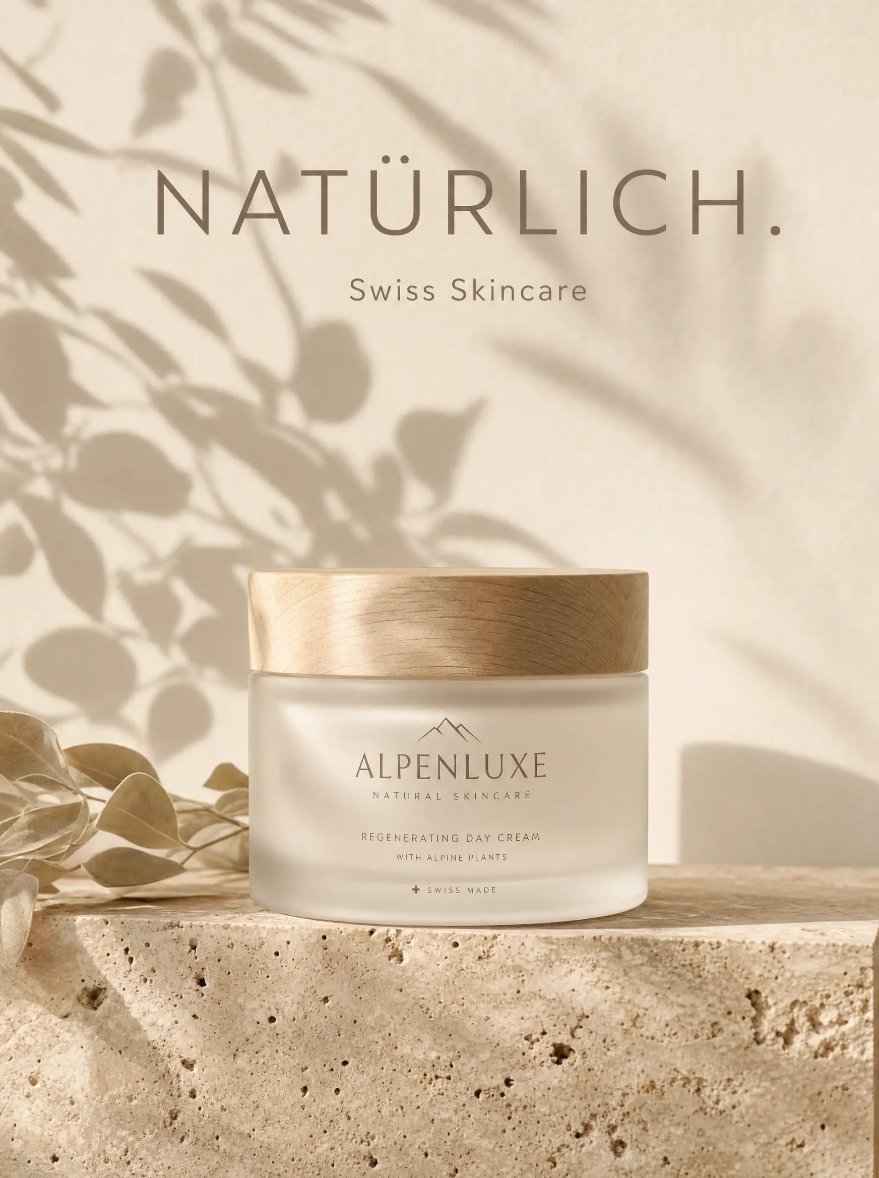 AI-Werbe-Visual: Schweizer Skincare-Kampagne 'NATÜRLICH.' mit botanischem Schattenspiel