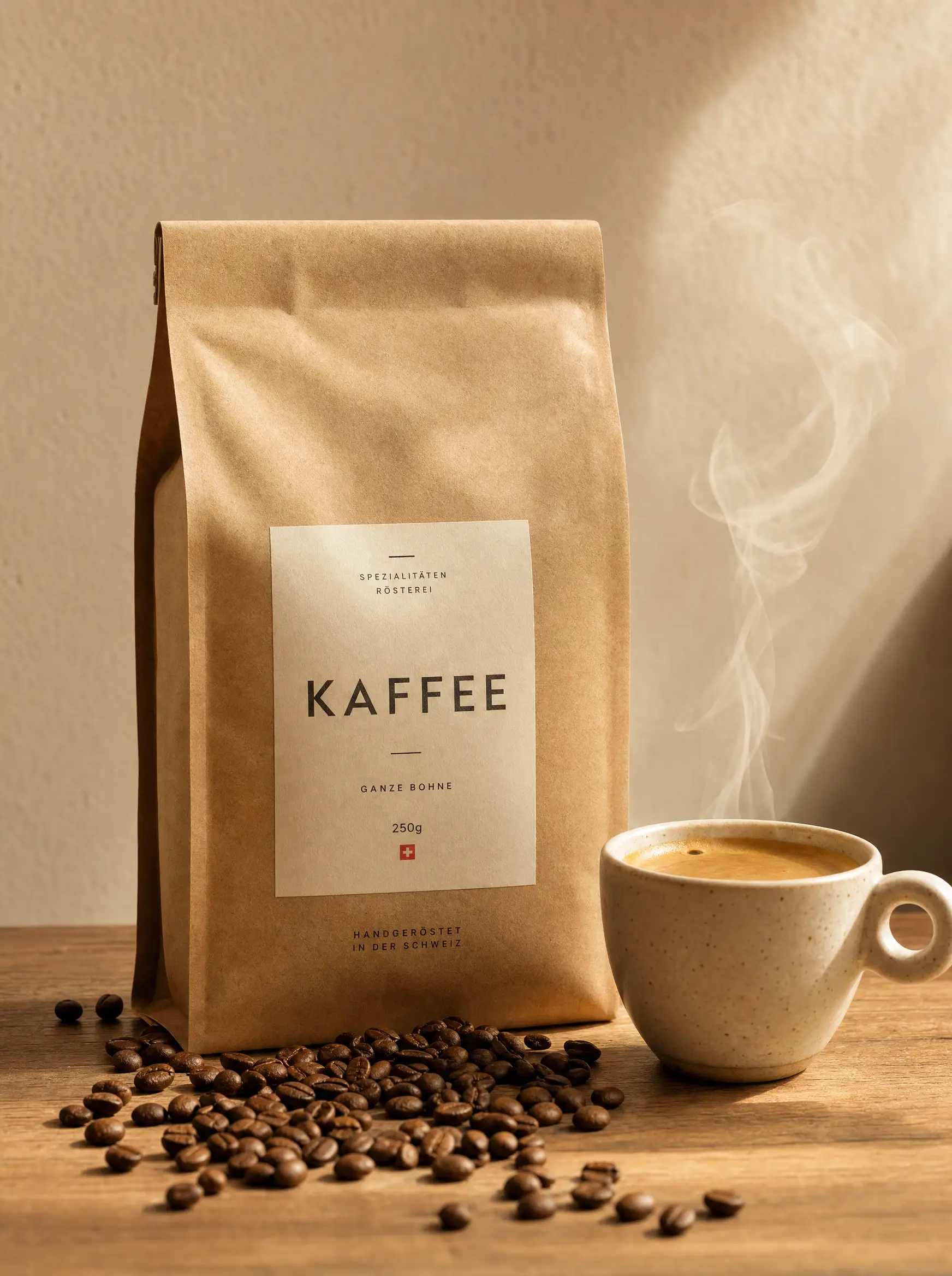 AI-Produktbild: Kaffee-Verpackung einer Schweizer Rösterei mit Espresso