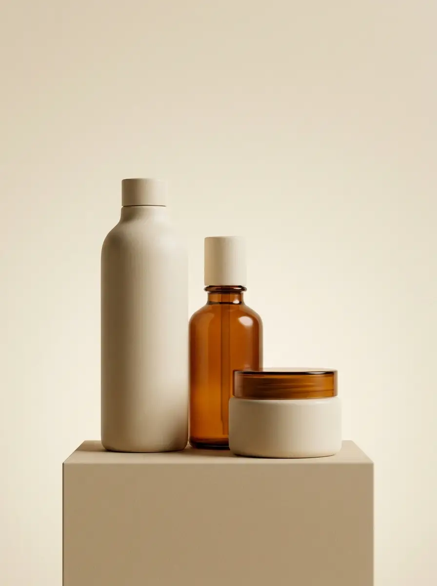 KI-Produktvisual: Kosmetik-Set in warmen Tönen