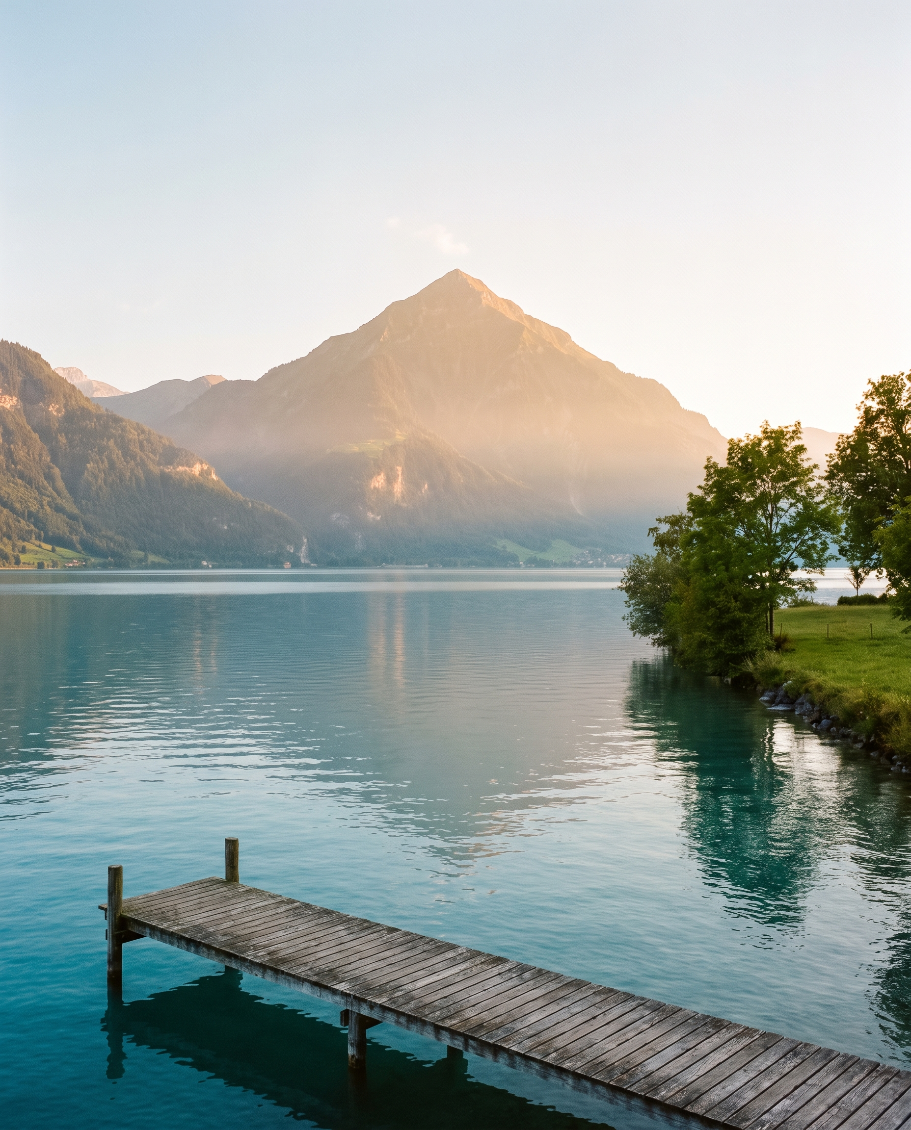 Thunersee mit Niesen, Blick vom Ufer bei Hünibach