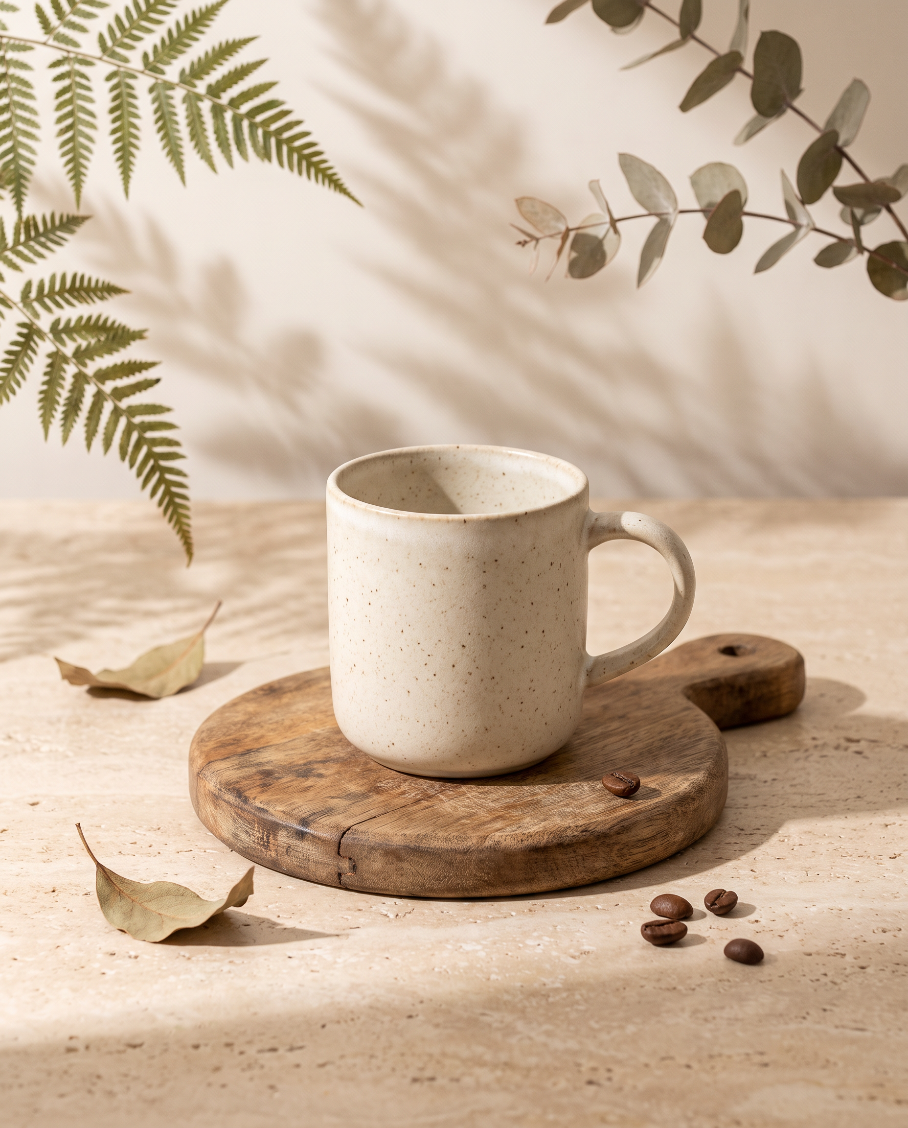 AI-Produktfotografie Beispiel: Steinzeug-Tasse auf Travertin