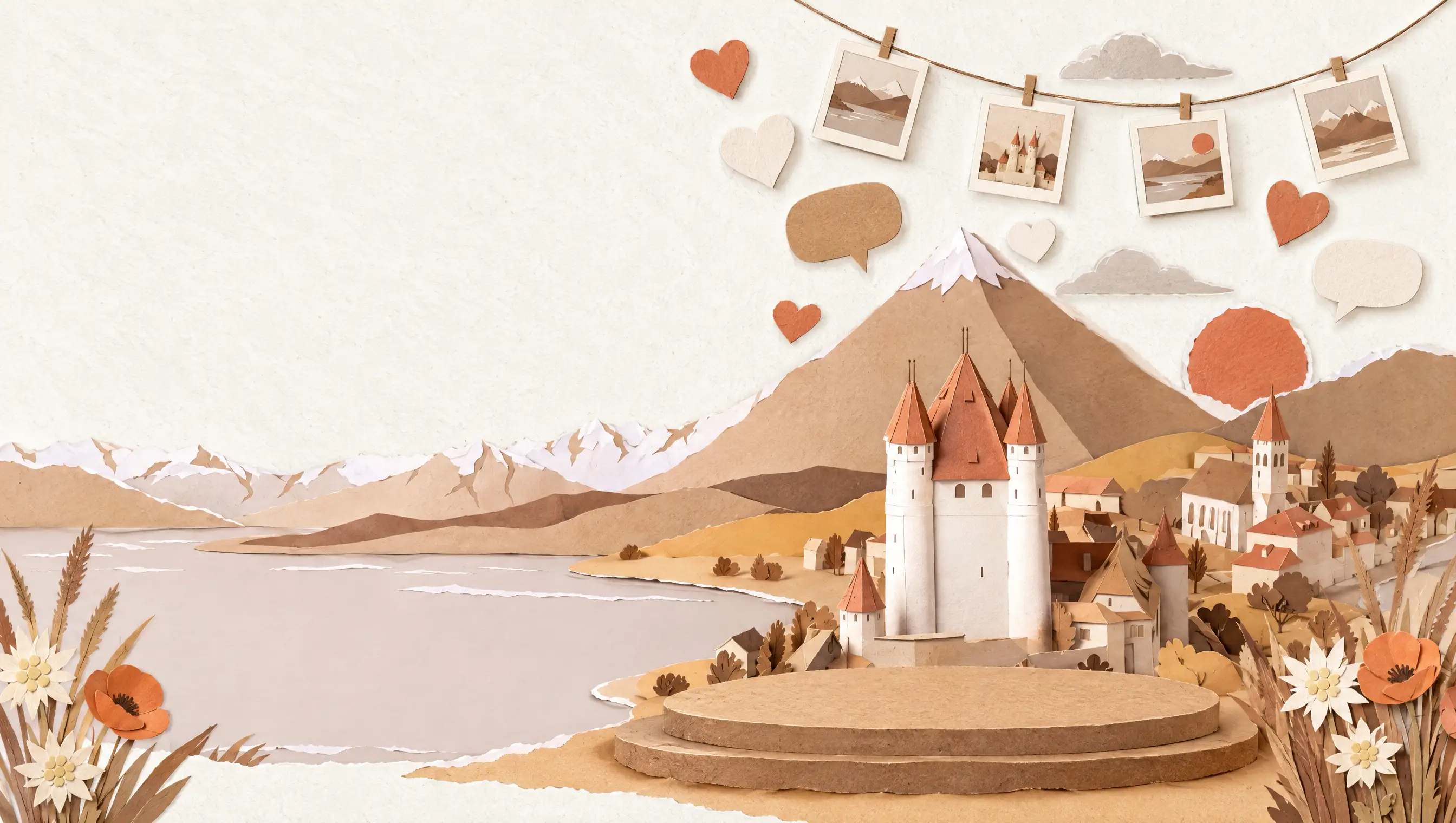 Papier-Diorama vom Thunersee mit Schloss Thun, Papierherzen, Sprechblasen und Foto-Wimpeln an einer Schnur. Auf einer Papierbühne steht ein Handy und zeigt Reels.