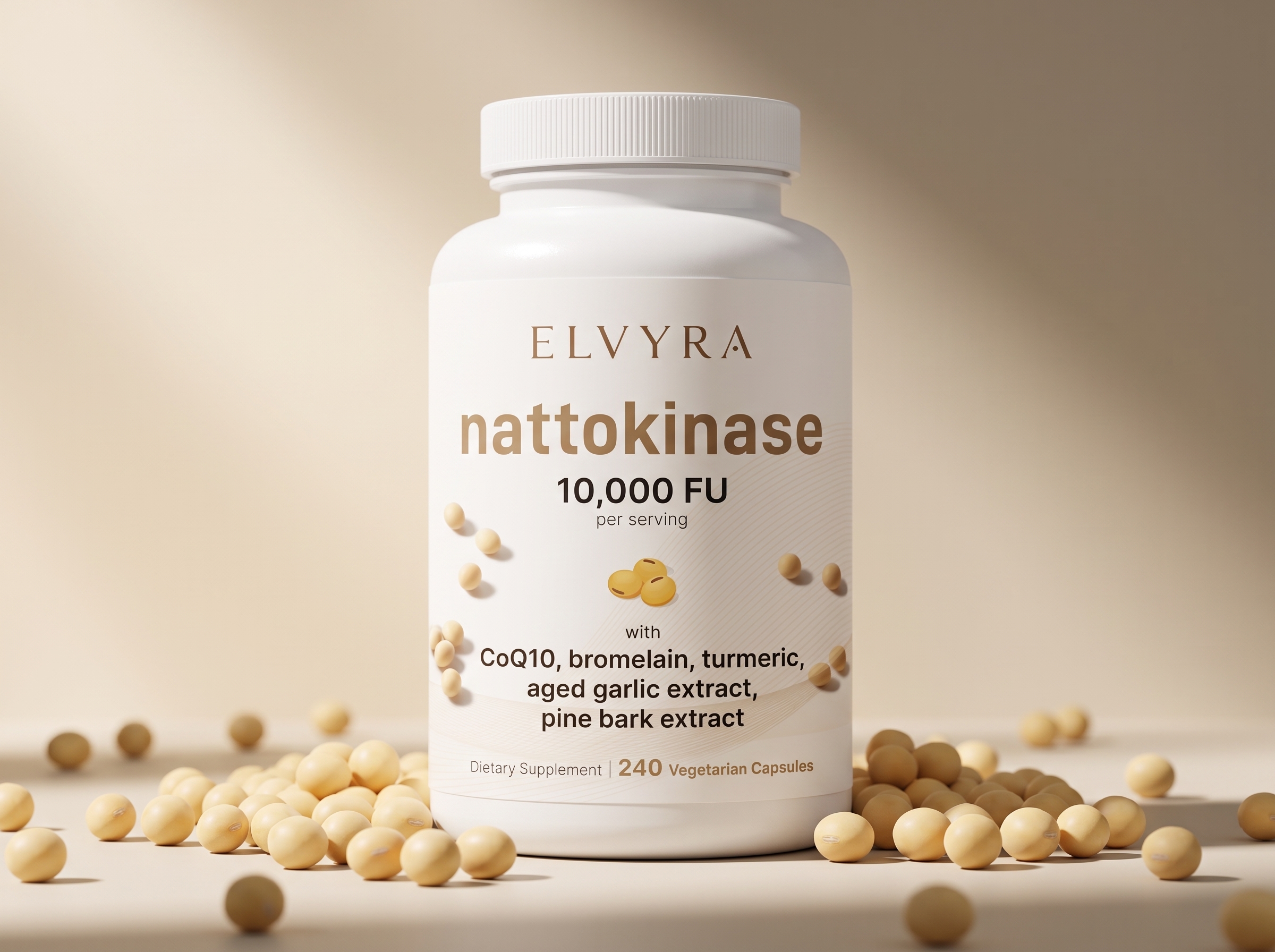 ELVYRA nattokinase 10,000 FU bottle with soybeans