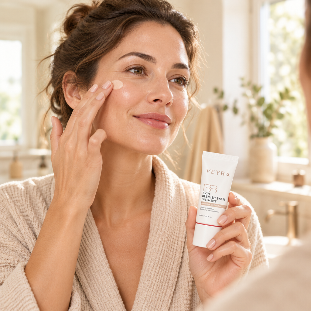 Applying Veyra Korean Blemish Balm in one step