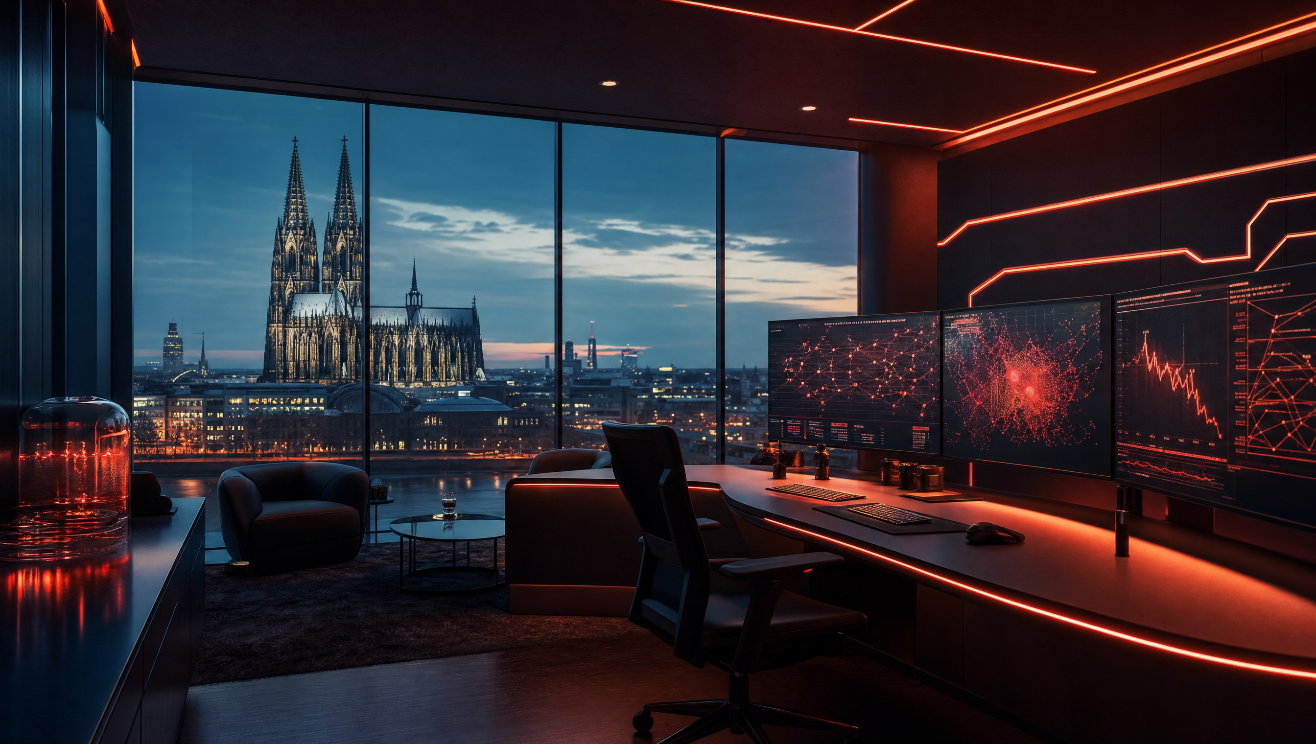 Modernes KI-Beratungsbüro der Hero Agency mit Blick auf den Kölner Dom