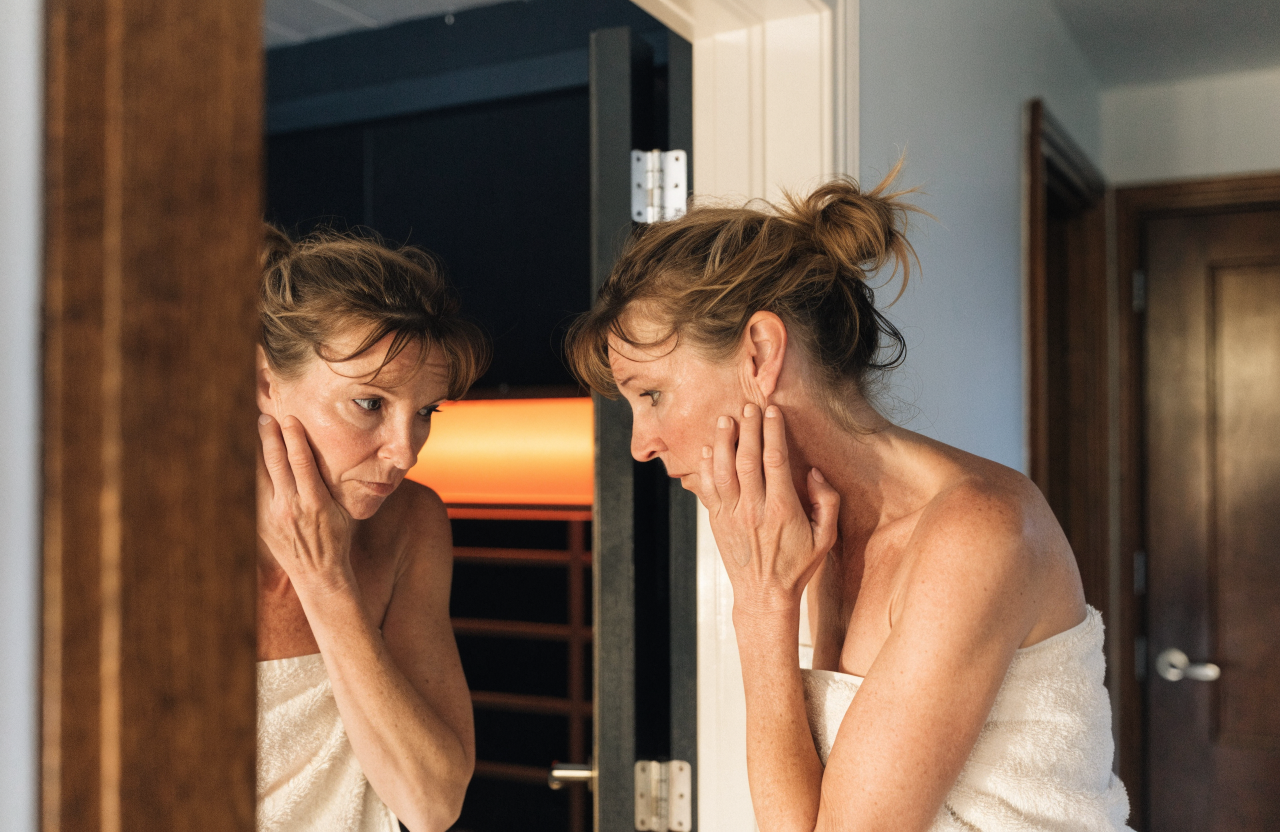 Woman checking her skin in the mirror after an infrared sauna session