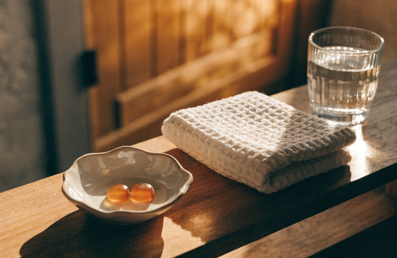 Two gummies beside a towel and glass of water before a sauna session