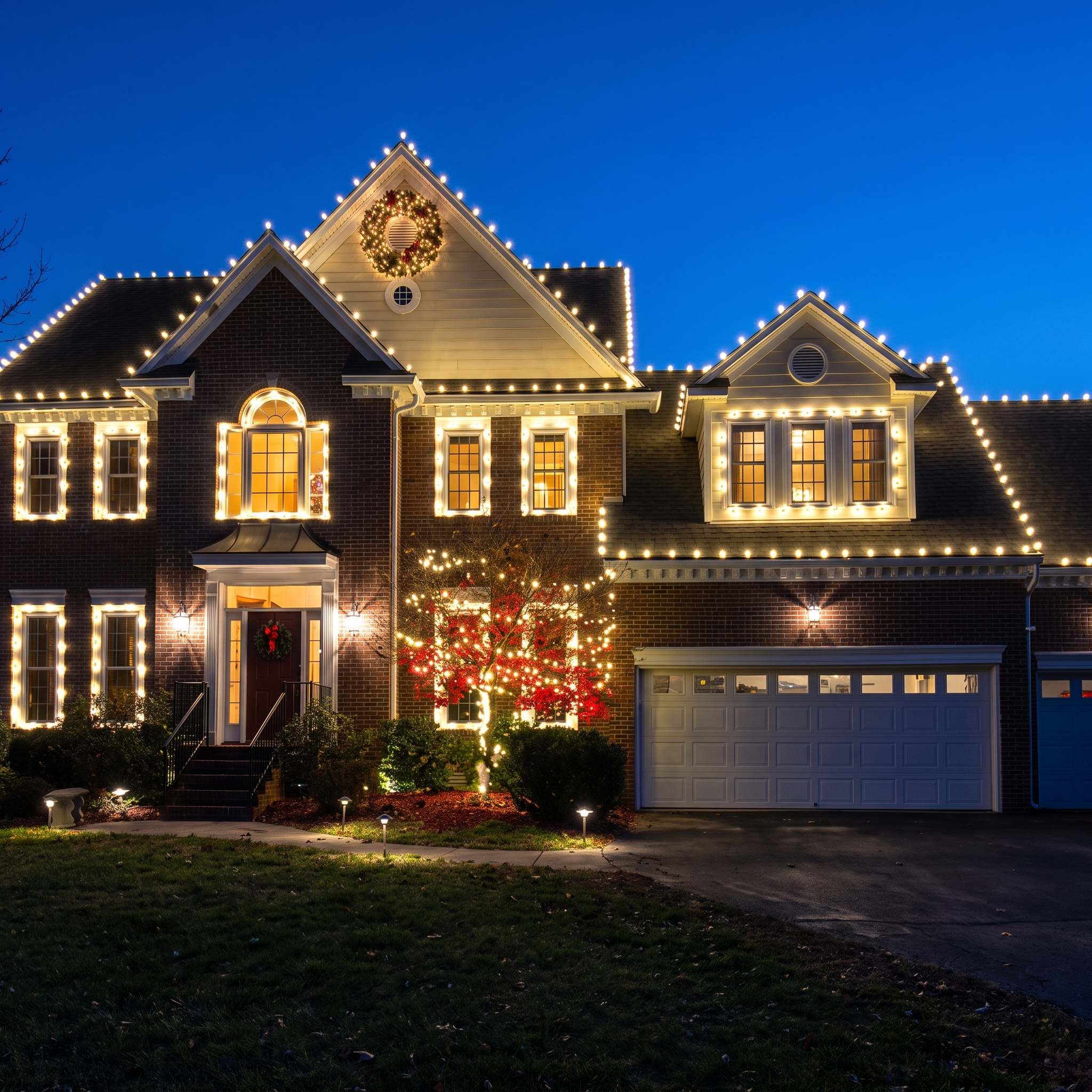 A Westchester home lit by Empire with warm-white roofline lights