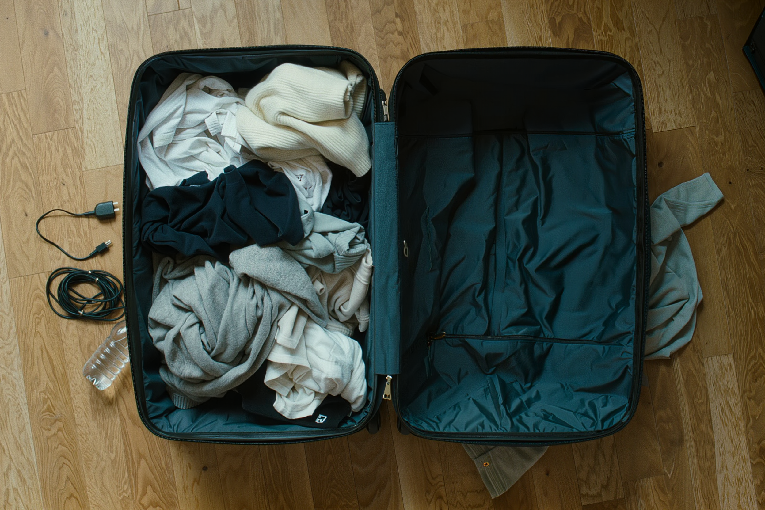 Chaotisch gepackter Koffer ohne die passenden Gadgets