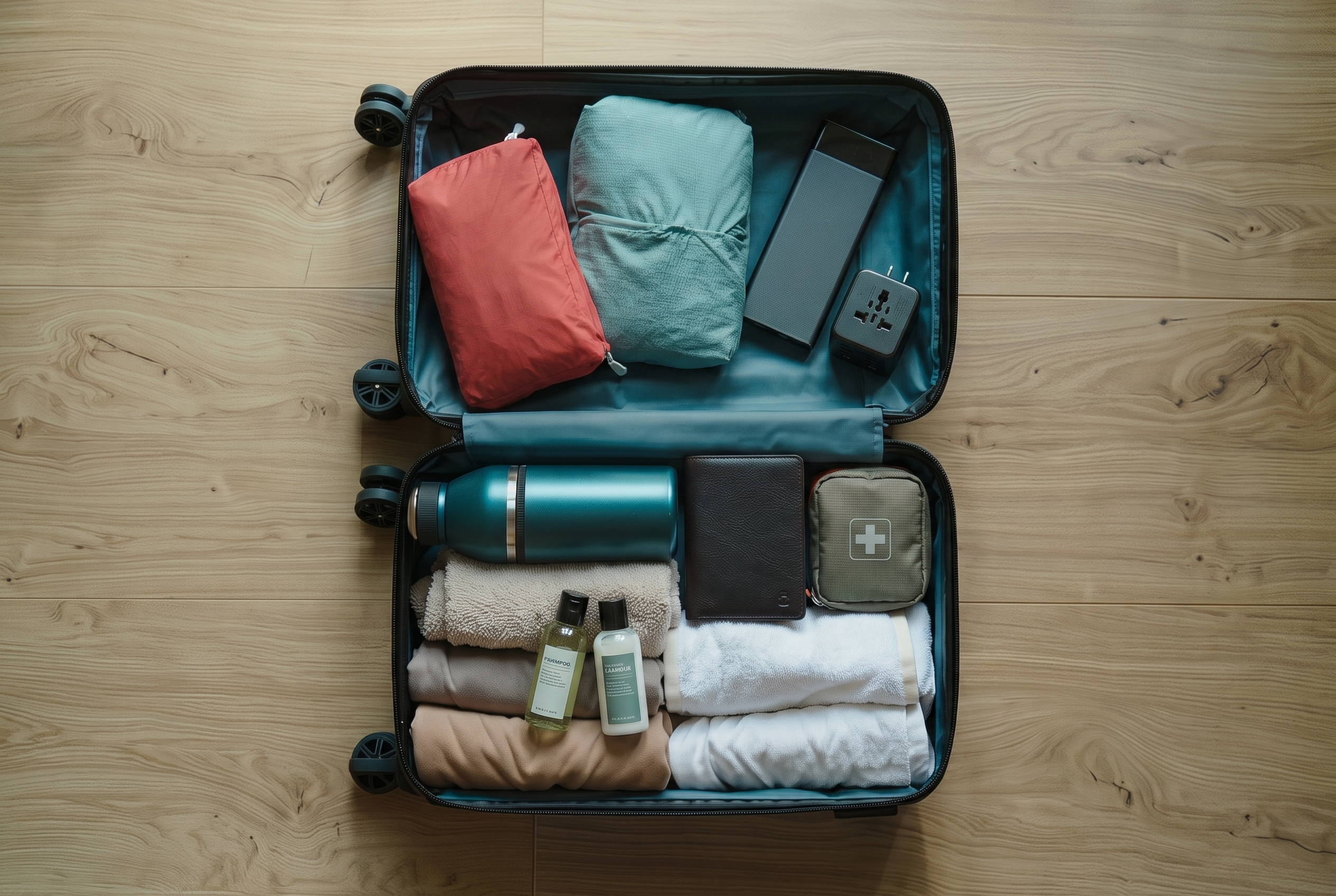 Ordentlich gepackter Koffer mit allen Reise-Essentials