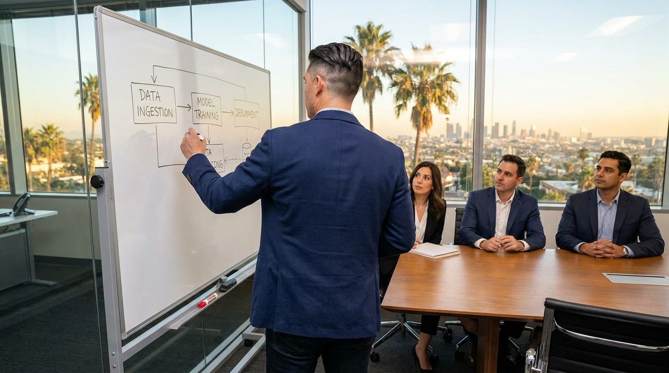 A whiteboard strategy session with clients