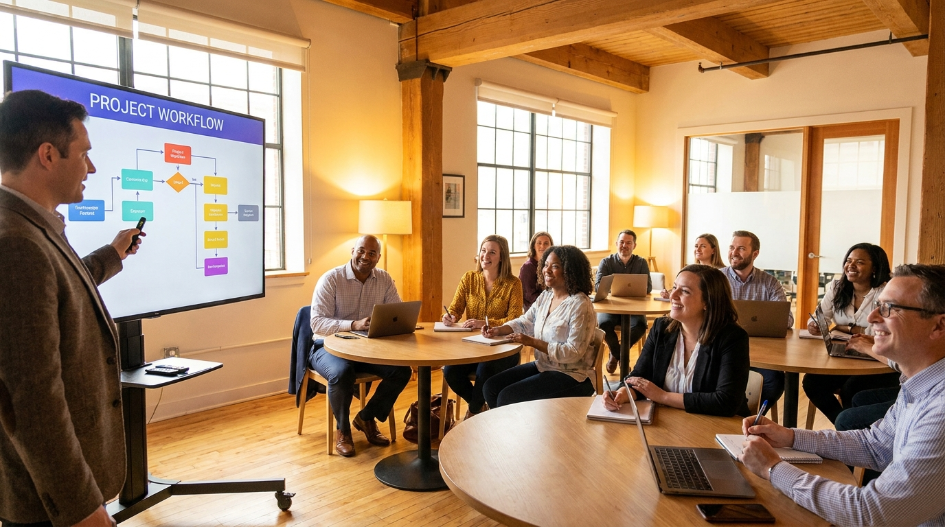 A presenter leading a workshop for a room of employees