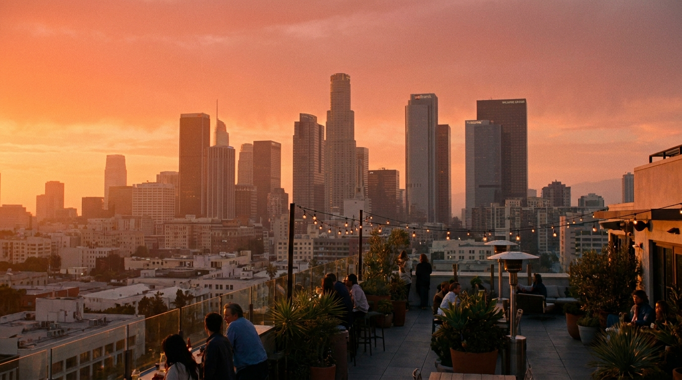 The downtown Los Angeles skyline at golden hour