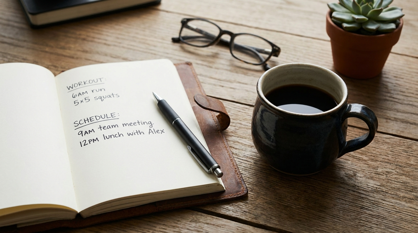 Black coffee beside an open notebook with handwritten notes