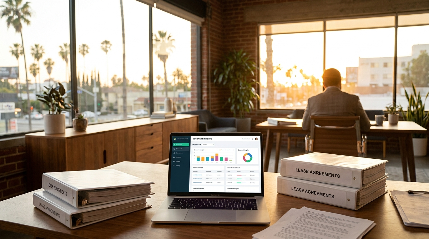 Warm office with lease binders beside a laptop running a document analysis dashboard