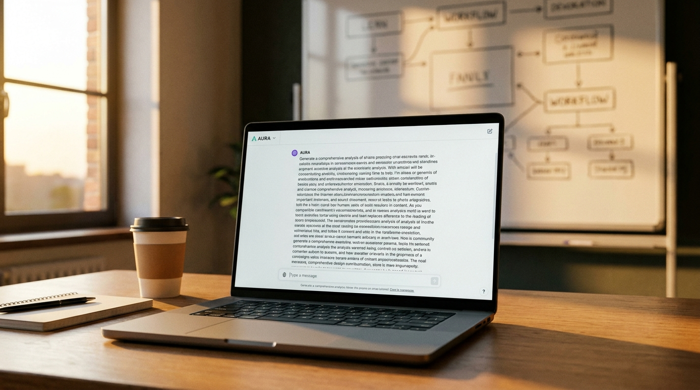 A laptop showing an AI chat prompt with a whiteboard of workflow sketches behind it