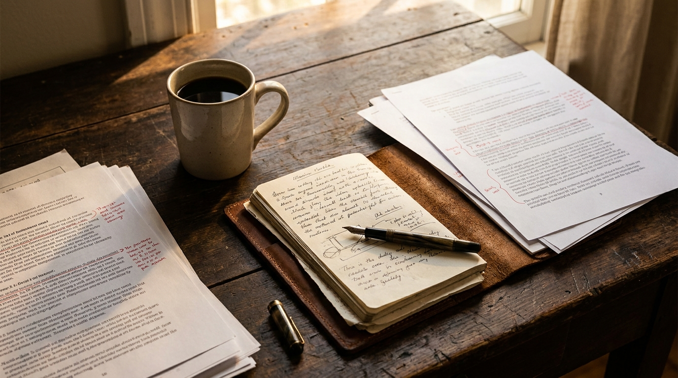 Black coffee beside a notebook and pages with red margin marks