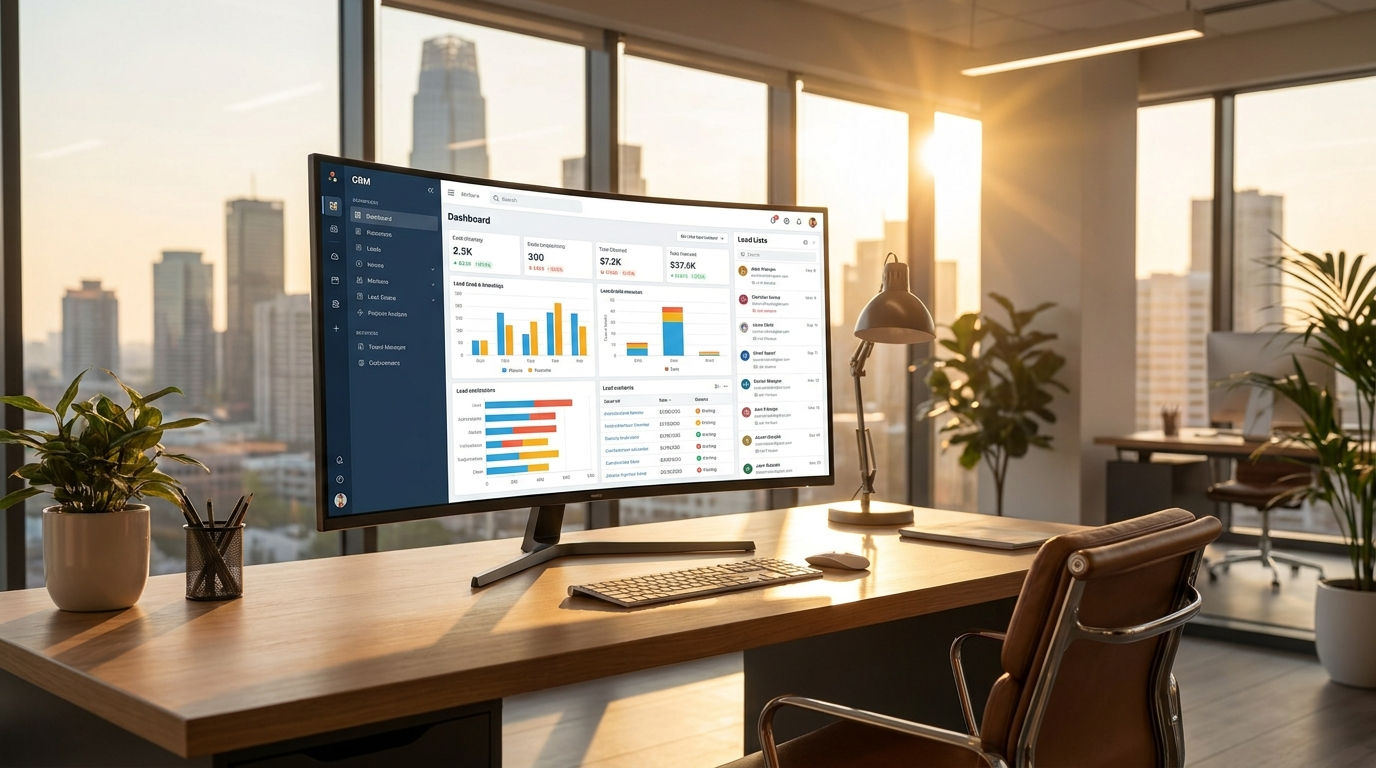 A monitor with a CRM dashboard, city skyline at golden hour behind it