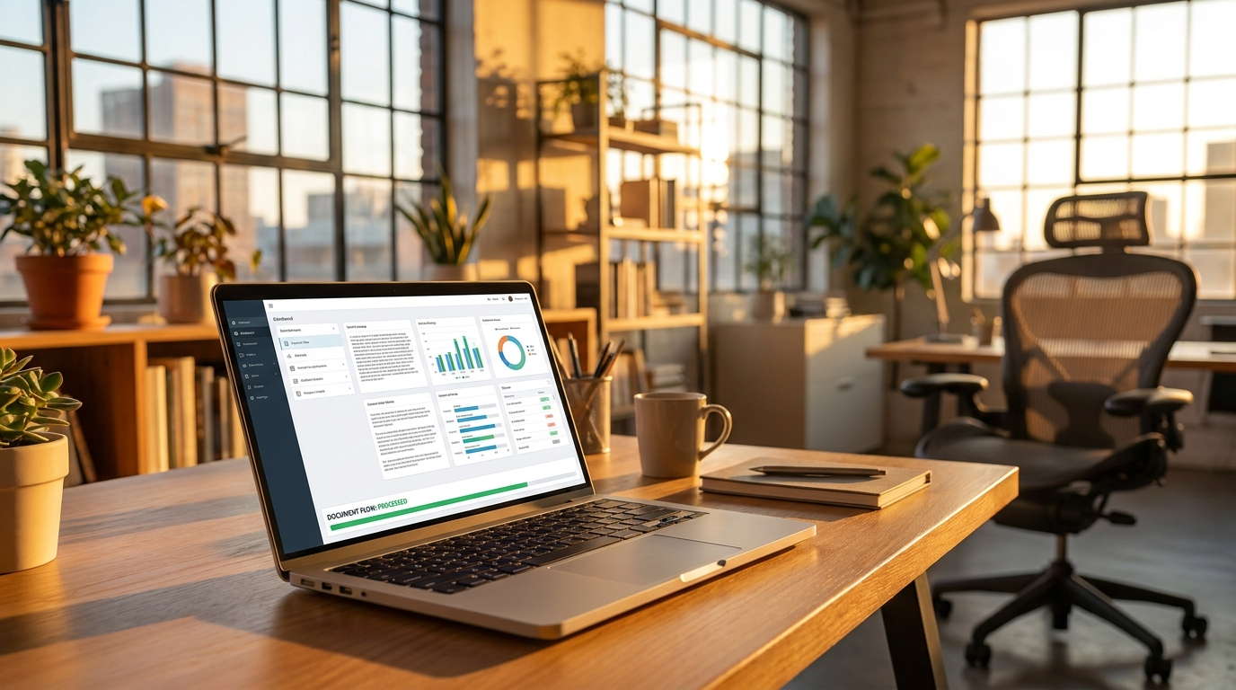 A laptop in a warm office running a document-processing dashboard