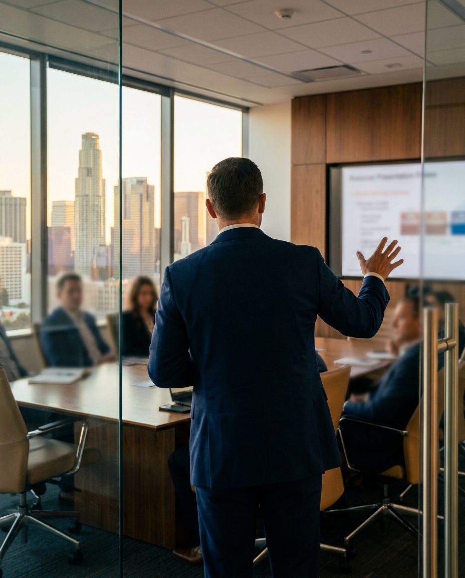 A consultant presenting to executives in a glass conference room, seen from behind
