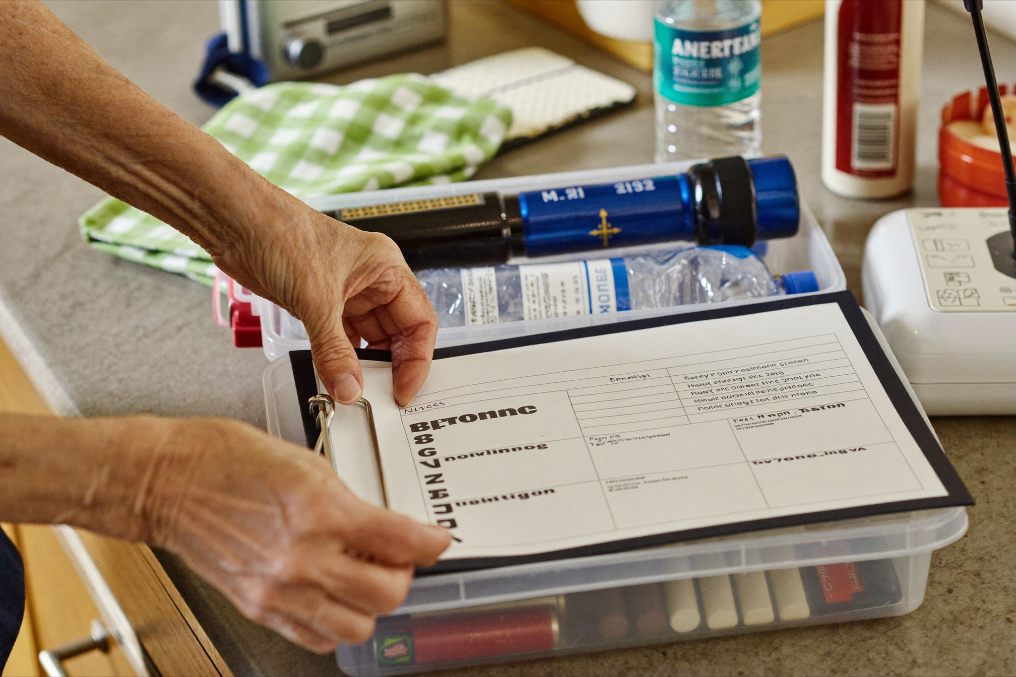 Emergency readiness kit being packed on a kitchen counter