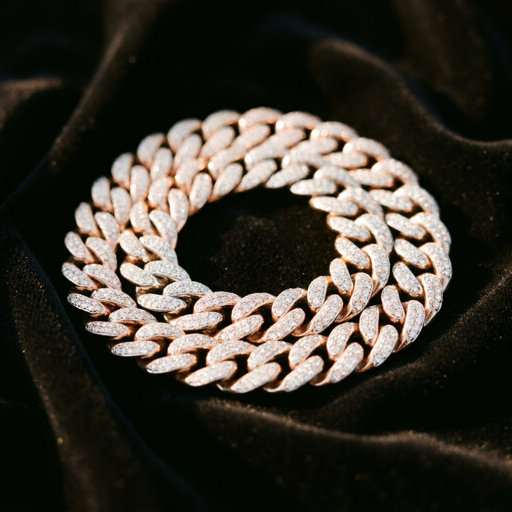Two-tone diamond cuban link chain on velvet