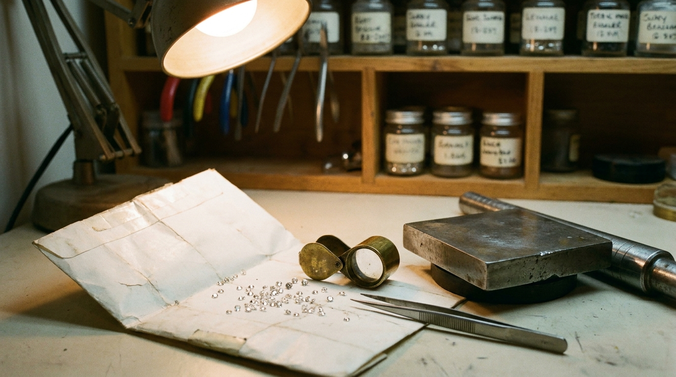 Jeweler's workbench in the LA diamond district with loose diamonds and a loupe