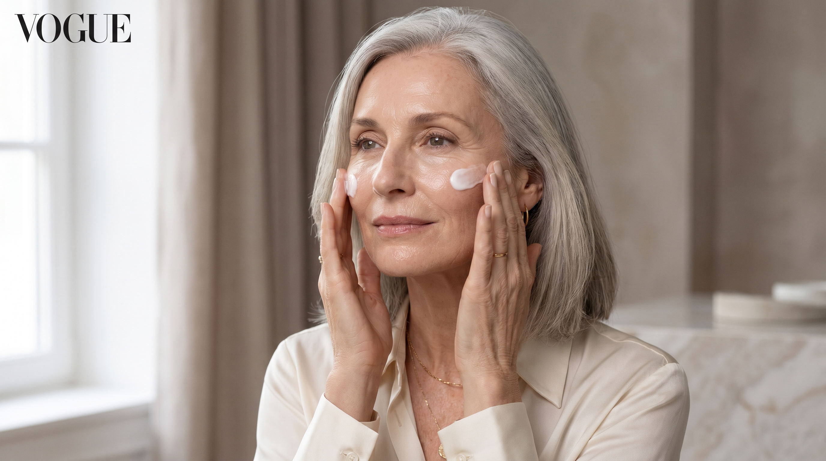 Femme de 60 ans appliquant une crème anti-rides sur son visage, lumière naturelle douce, esthétique magazine de beauté