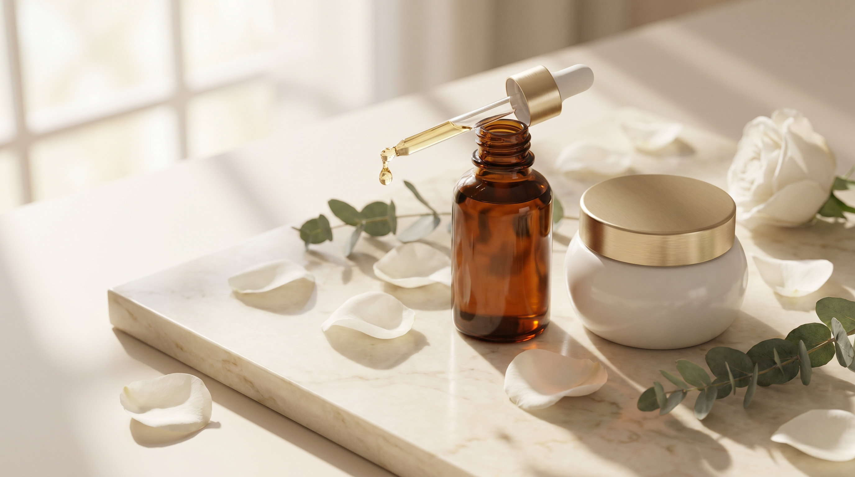 Composition élégante de produits de soin haut de gamme : flacon sérum, pot de crème et pétales sur marbre crème