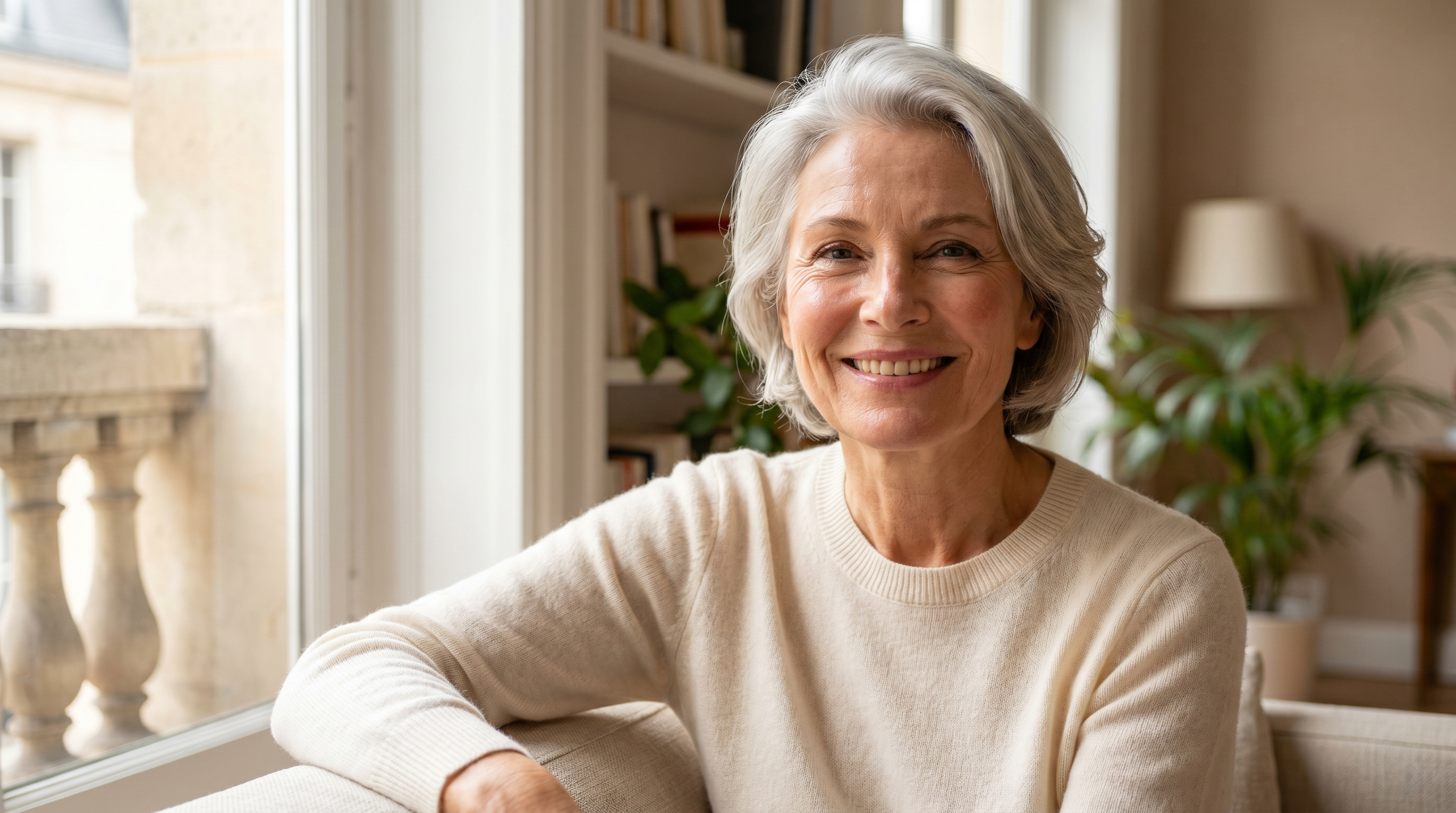 Femme élégante de 60 ans souriante, peau lumineuse et naturelle, près d'une fenêtre