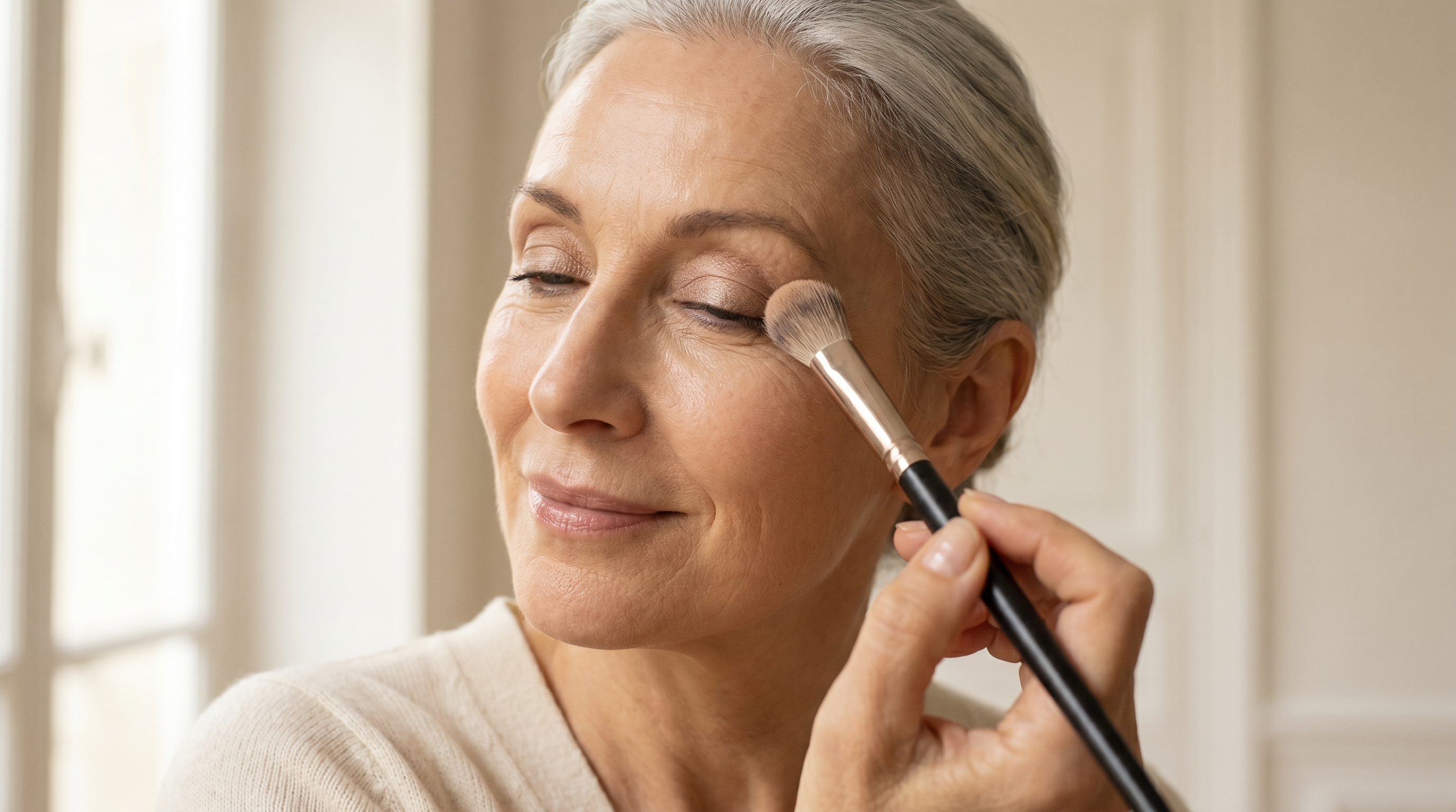 Femme élégante de 60 ans applique délicatement un fard à paupières au pinceau, regard concentré, lumière douce