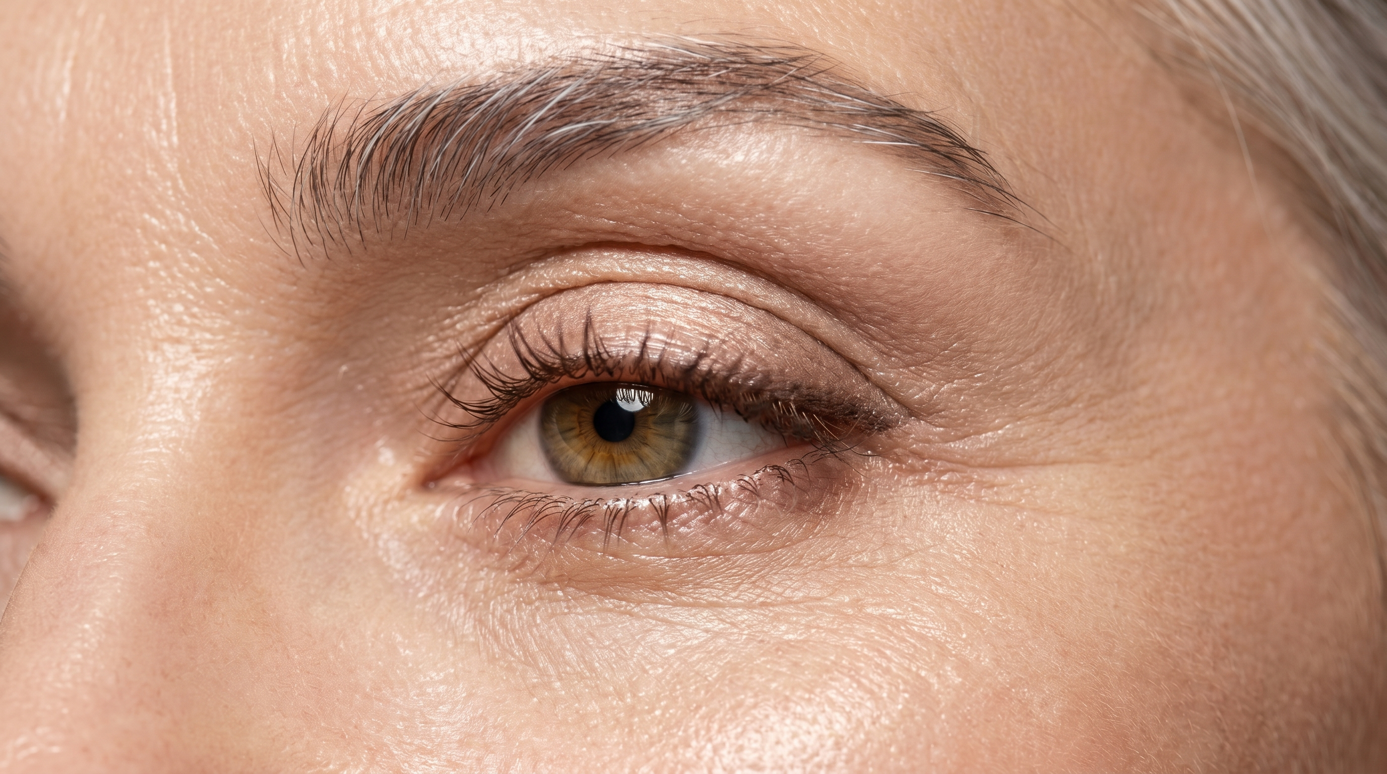 Gros plan macro sur un œil maquillé de femme mature, fard à paupières champagne et taupe, cils allongés au mascara brun