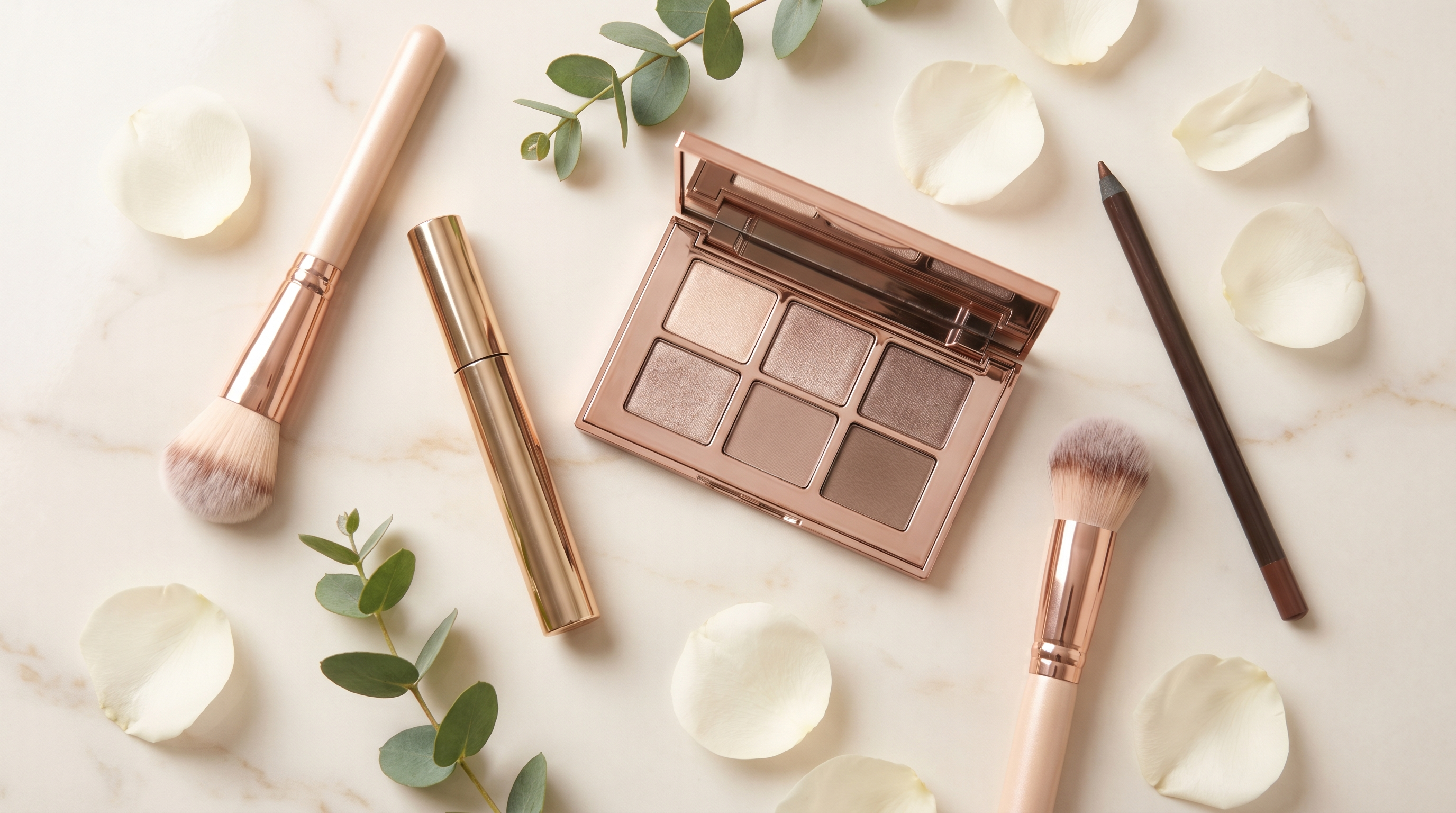 Composition élégante de produits de maquillage : palette de fards, mascara, pinceaux rosés sur marbre crème