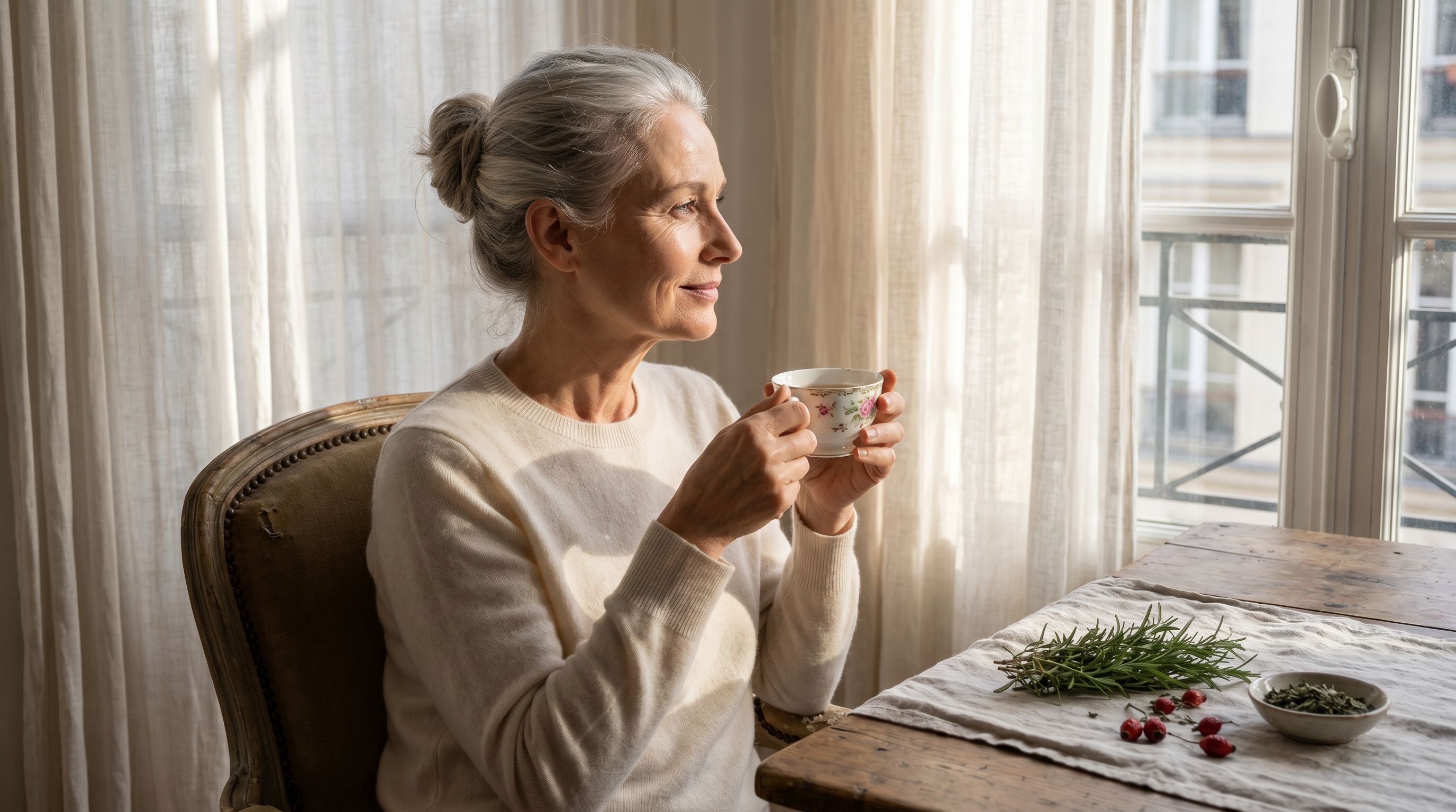 Femme élégante de 58 ans près d'une fenêtre baignée de lumière dorée, tasse d'infusion en mains, ingrédients botaniques sur la table