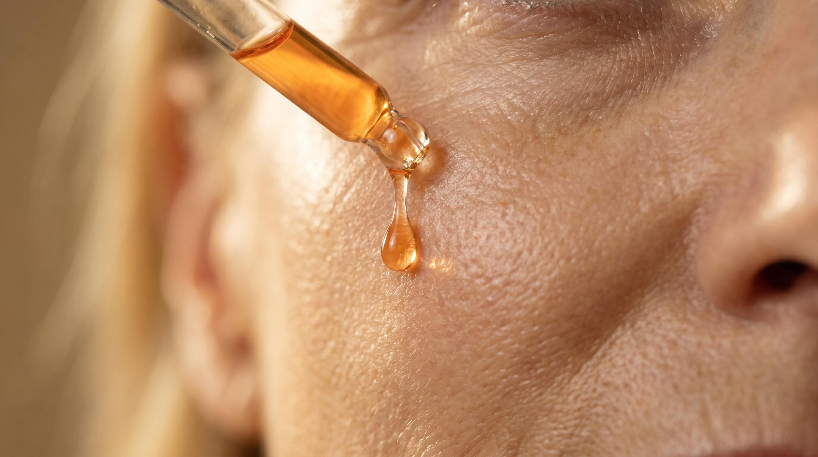 Macro éditoriale d'une goutte de sérum vitamine C dorée tombant d'une pipette en verre sur une peau mature lumineuse
