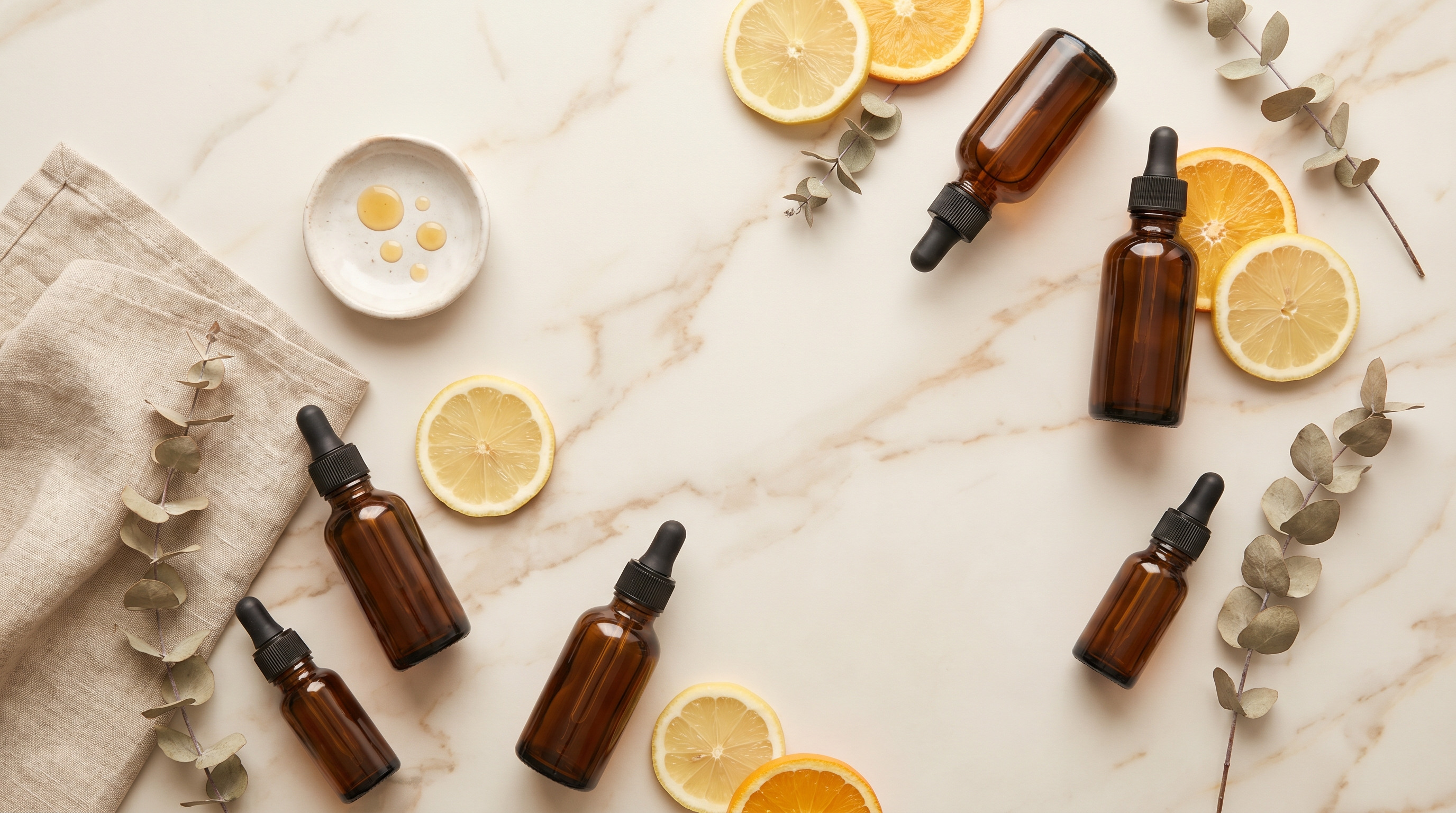 Composition élégante de sérums vitamine C en flacon ambré, agrumes frais et accessoires de soin sur marbre crème