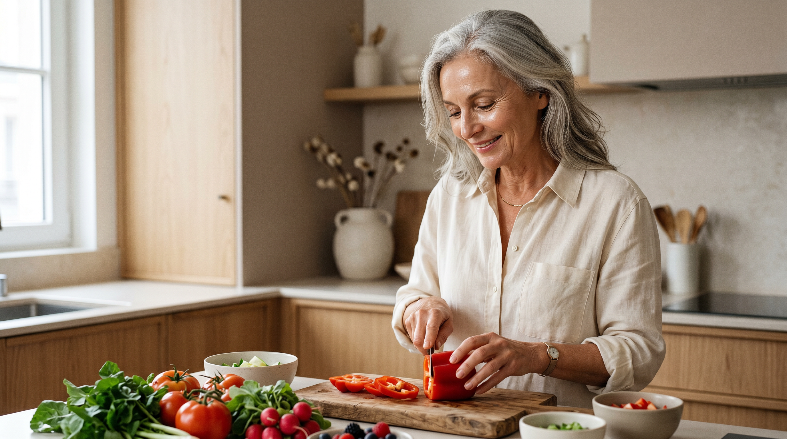 Femme élégante de 60 ans prépare un repas coloré riche en aliments d'une alimentation anti-âge pour la peau