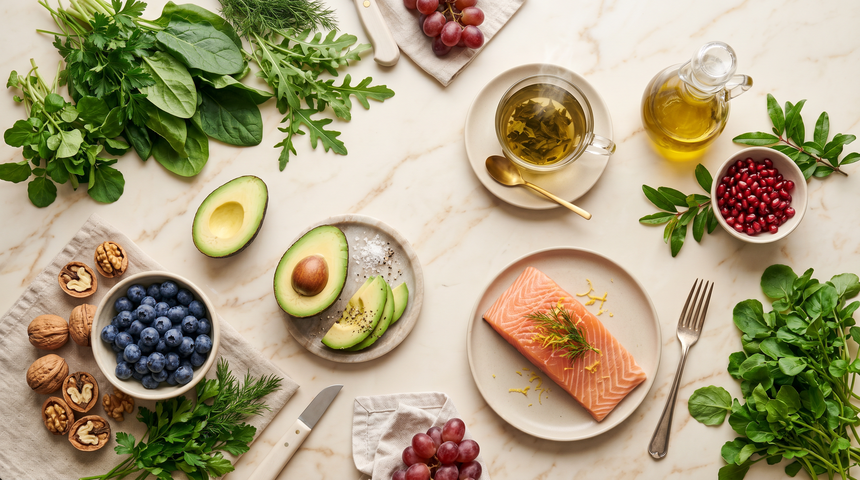 Composition élégante d'aliments anti-âge : saumon, avocat, myrtilles, noix, grenade et huile d'olive sur marbre crème