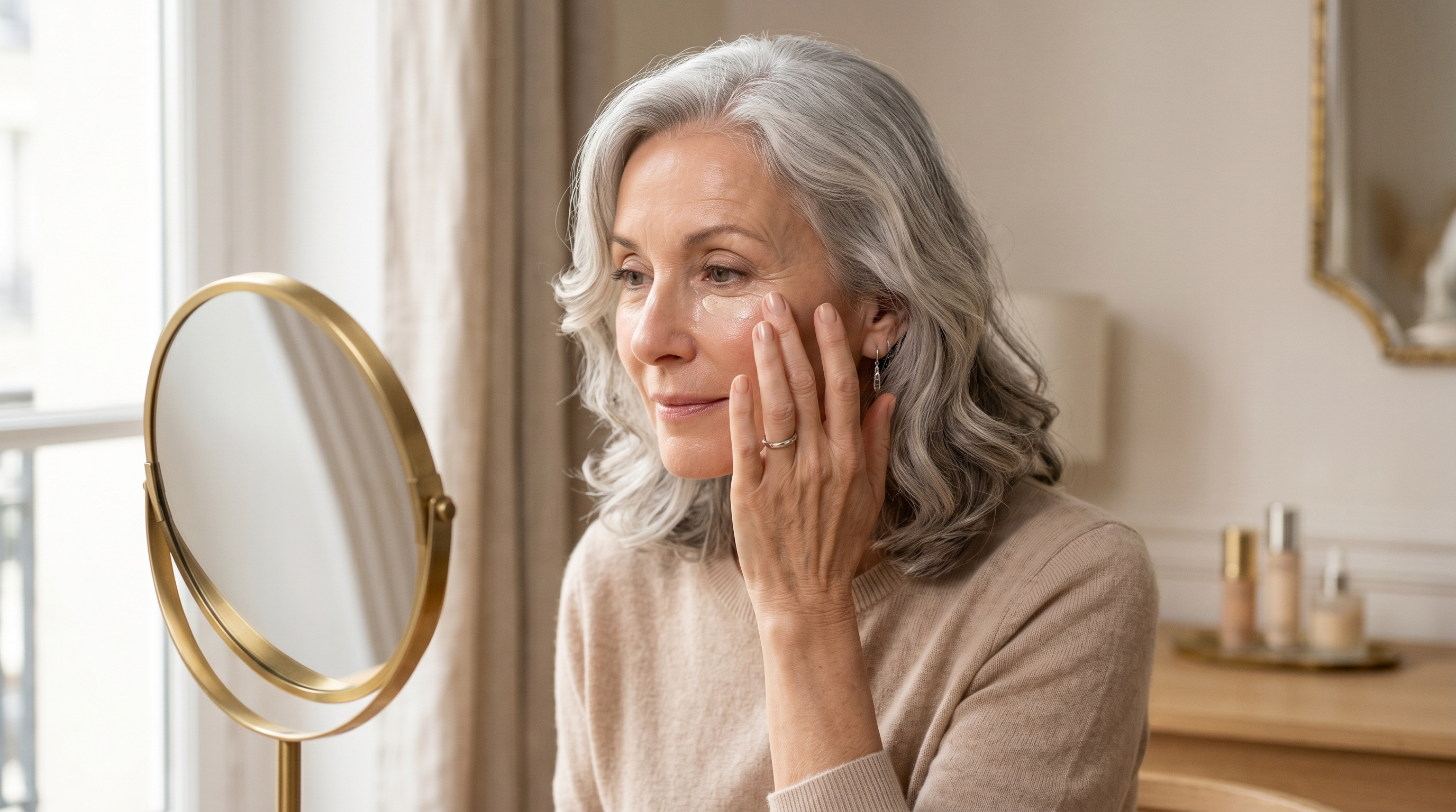 Femme élégante de 60 ans applique délicatement un anticernes peau mature sous l'œil, regard apaisé et lumière douce