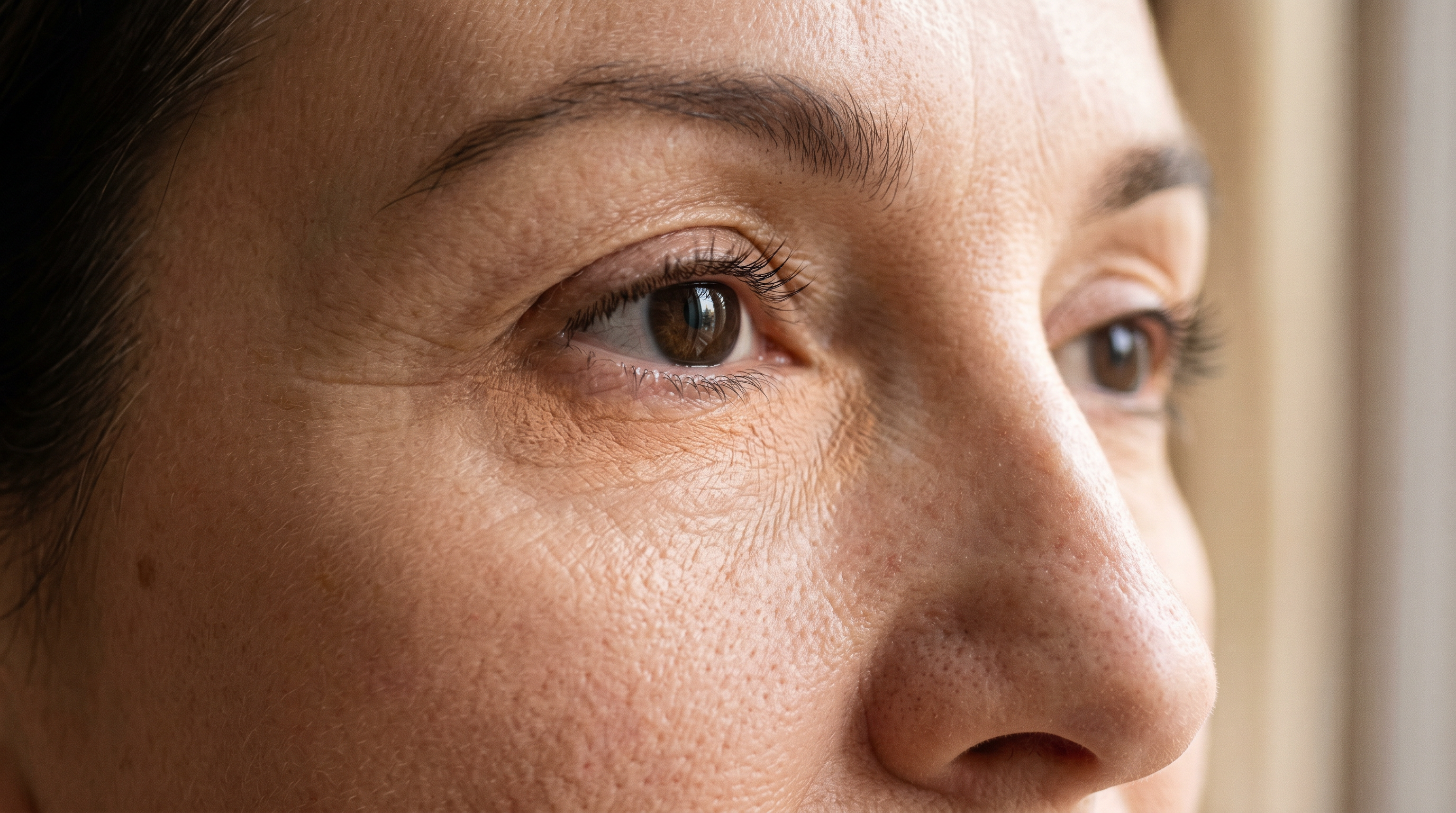 Gros plan macro sur le contour de l'œil d'une femme mature après pose d'anticernes peau mature, fini satiné sans craquelure