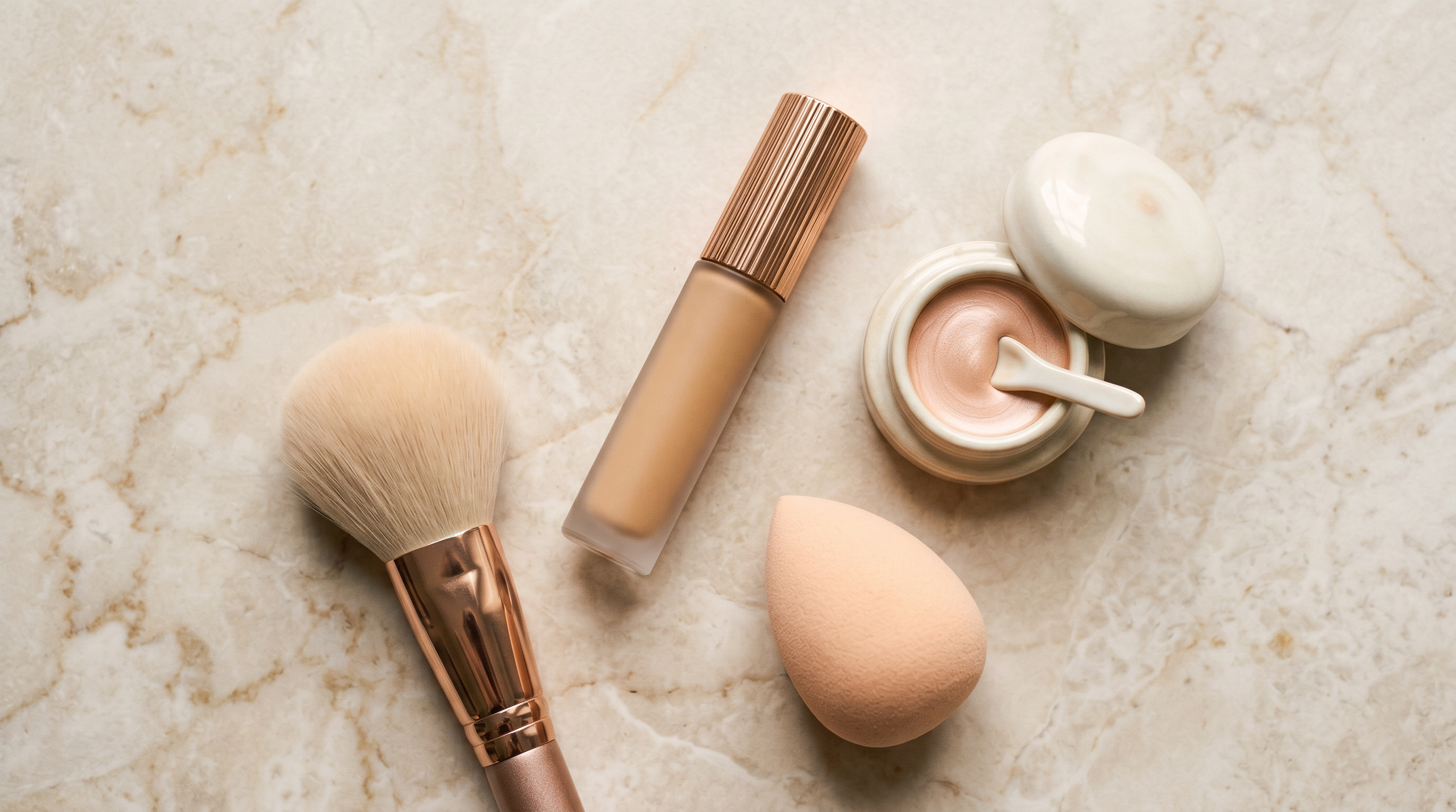 Composition élégante d'anticernes et de produits de finition pour peau mature sur marbre crème, éponge pêche et pinceau