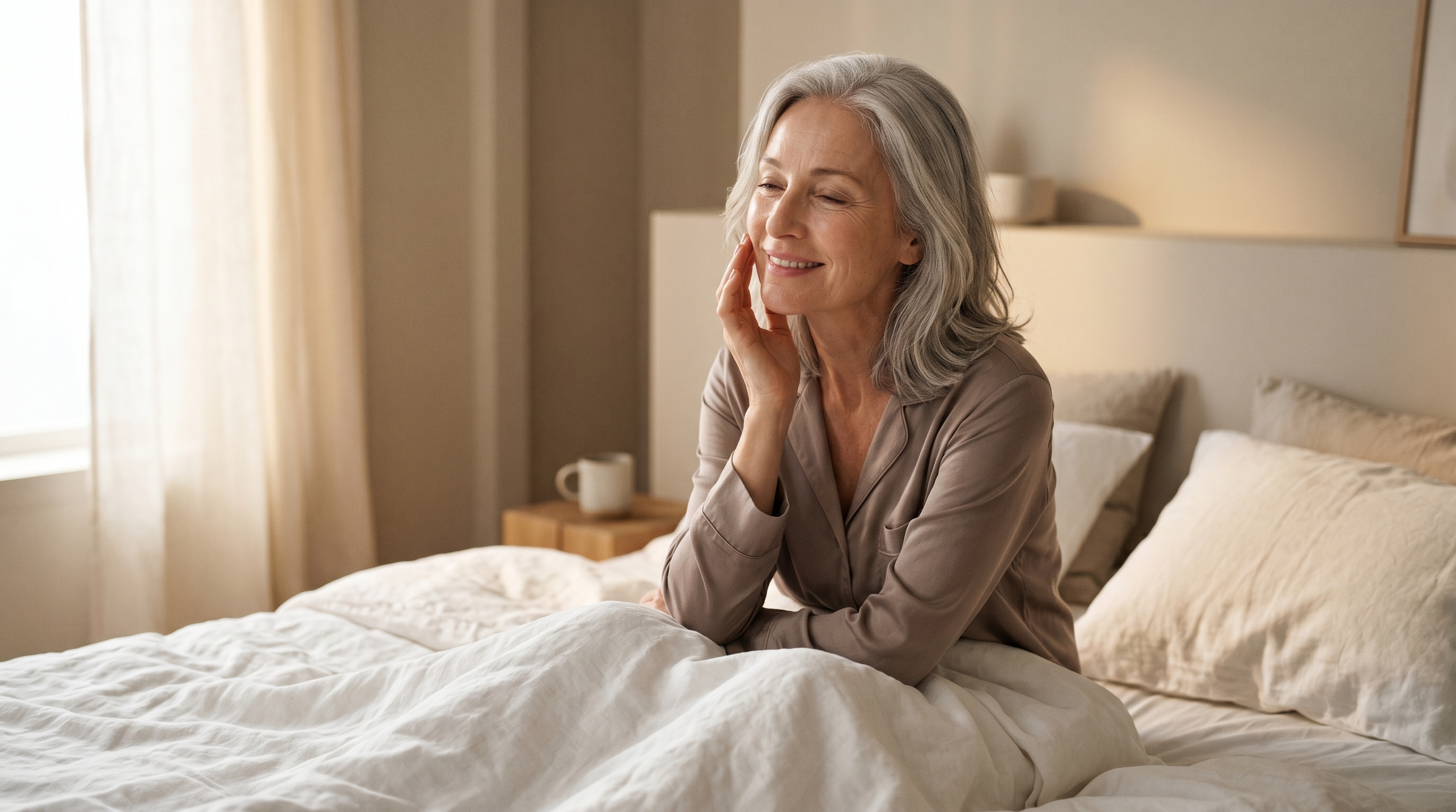 Femme élégante de 55 ans au réveil dans une lumière douce, peau reposée et lumineuse