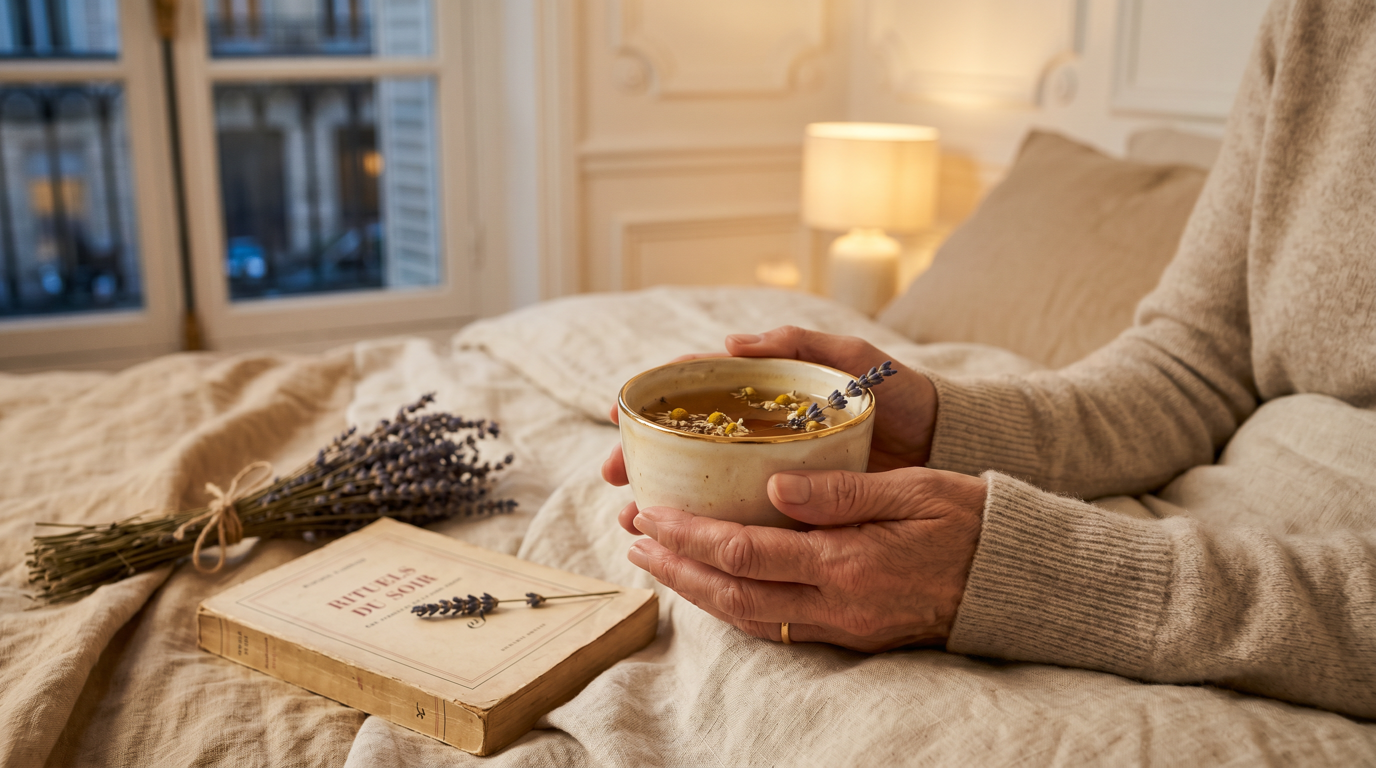 Mains d'une femme mature tenant une tasse de tisane à la camomille au coin du lit, rituel du soir apaisant