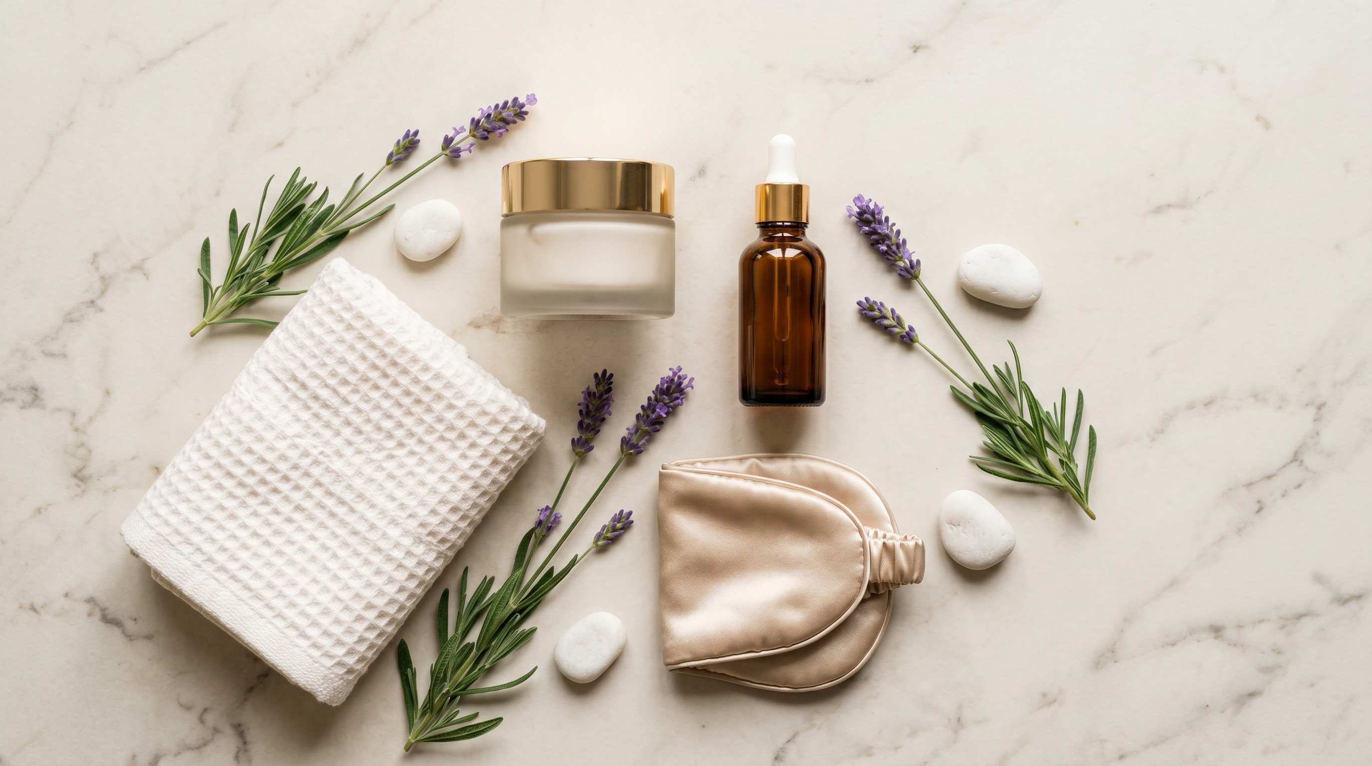 Composition élégante de soins de nuit : crème riche, sérum et masque de sommeil sur marbre crème