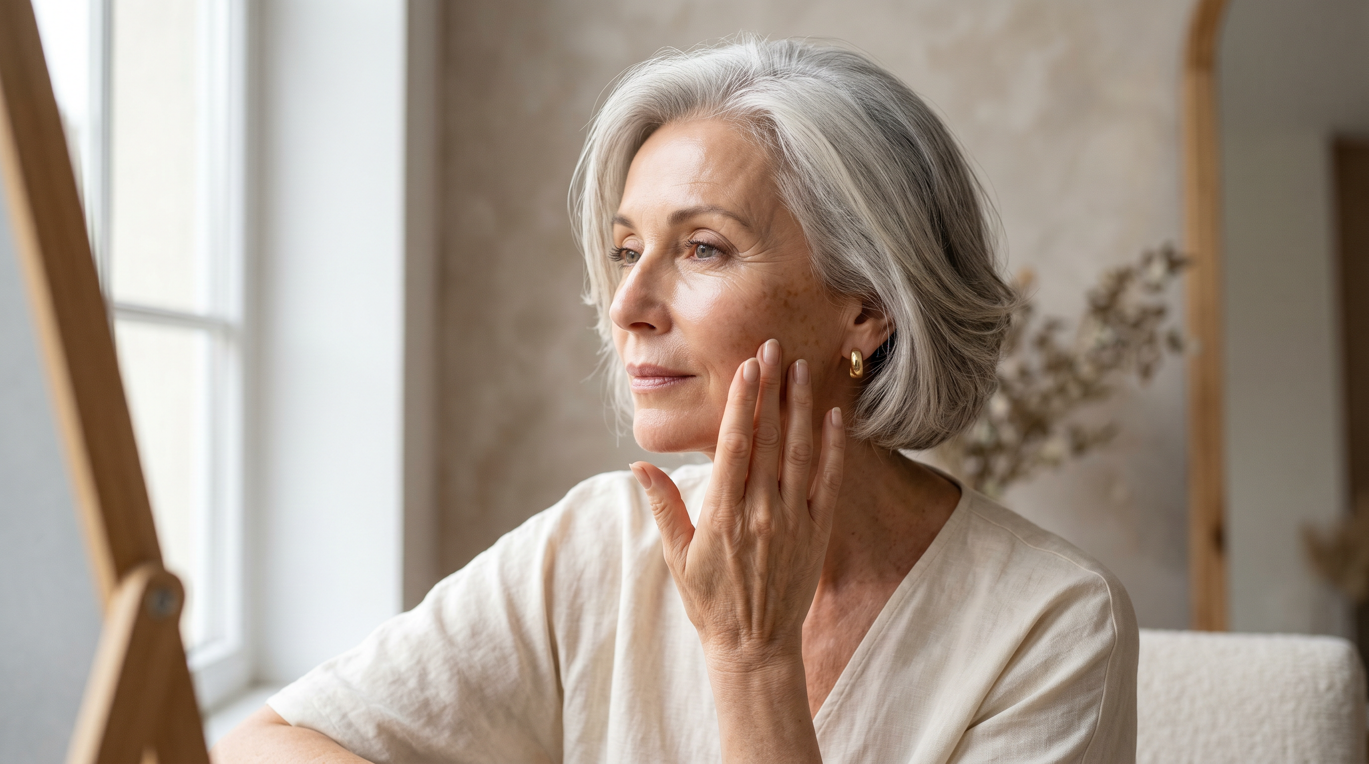 Femme élégante de 60 ans examine son teint et ses taches brunes dans une lumière douce