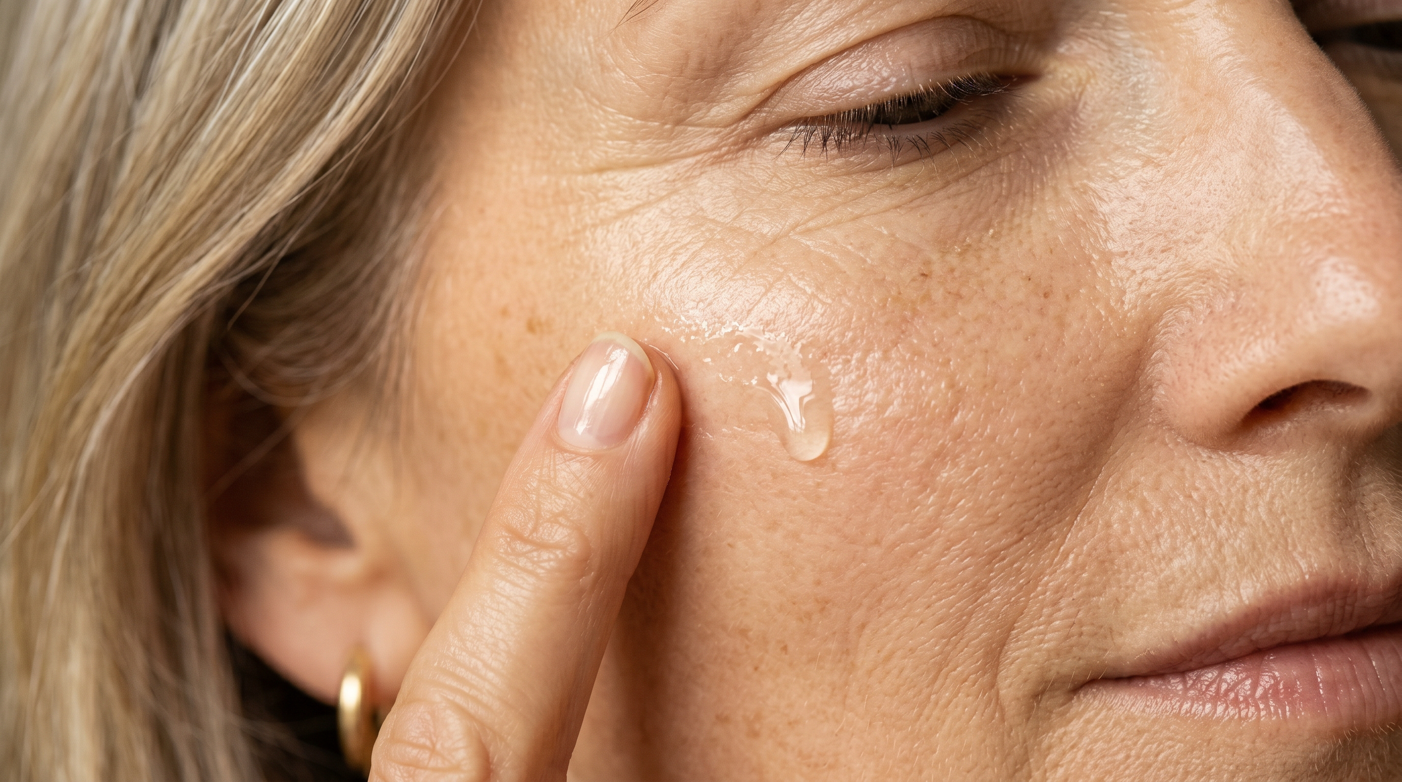 Gros plan macro sur la joue d'une femme mature au teint unifié, application d'une goutte de sérum éclaircissant