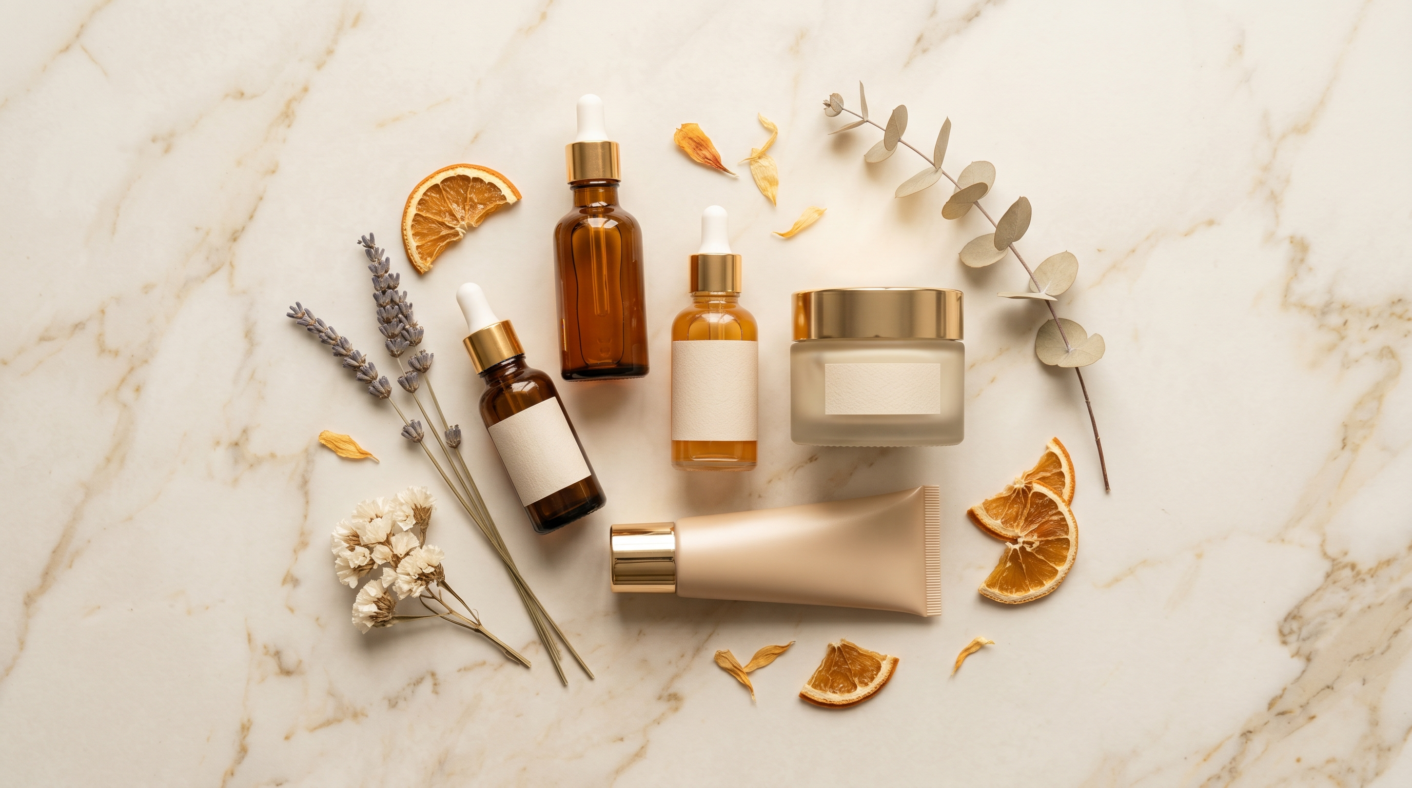 Composition élégante de soins éclaircissants : sérums, crème et protection solaire sur marbre crème
